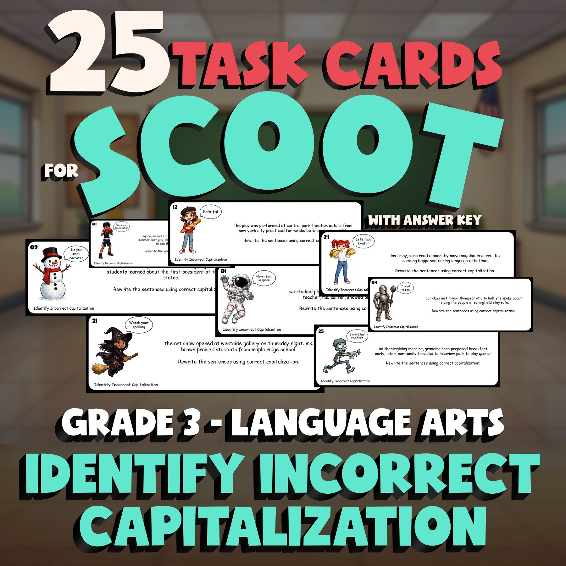 Identify Incorrect Capitalization SCOOT TASK CARDS ELA Game - No Prep Grade 3