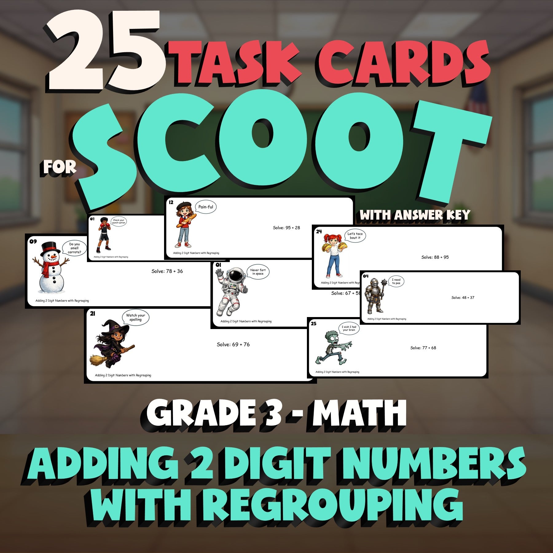 Adding 2 Digit Numbers with Regrouping SCOOT TASK CARDS Math Game - Grade 3