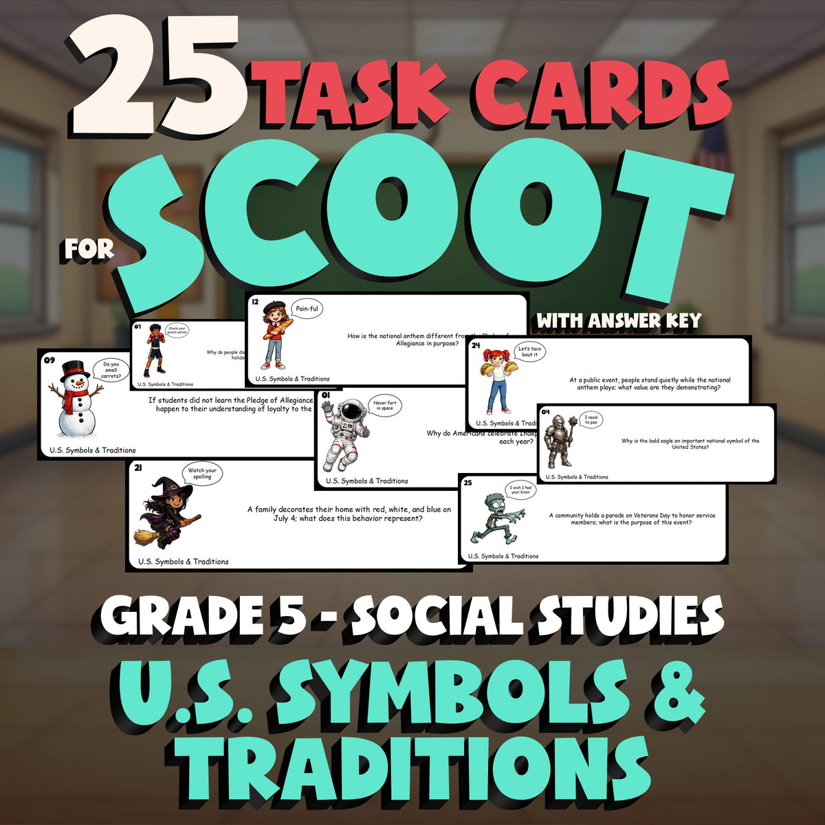 U.S. Symbols & Traditions SCOOT TASK CARDS Socials Game - No Prep Grade 5 Review