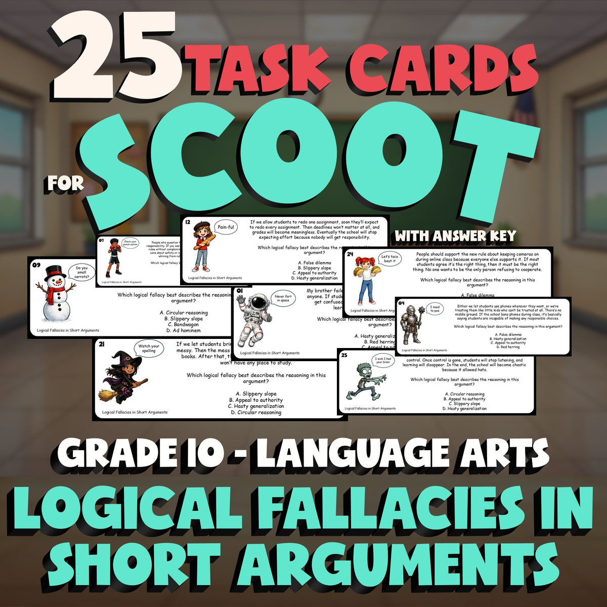 Logical Fallacies in Short Arguments SCOOT TASK CARDS ELA Game - Grade 10