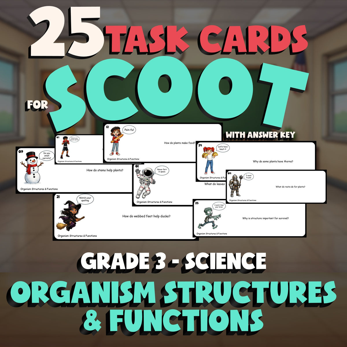 Organism Structures & Functions SCOOT TASK CARDS Science Game - No Prep Grade 3
