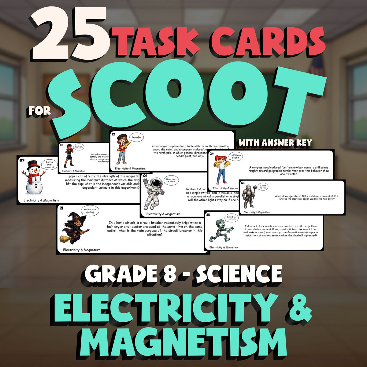 Electricity & Magnetism SCOOT TASK CARDS Science Game - No Prep Grade 8 Review
