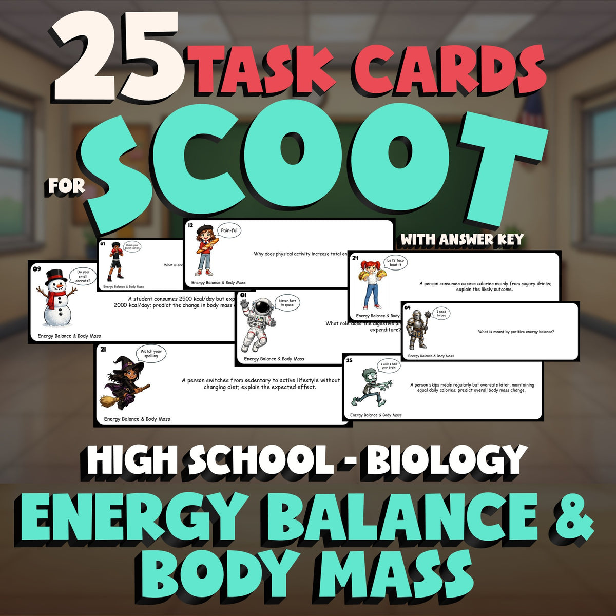 Energy Balance & Body Mass SCOOT TASK CARDS Science Game - No Prep Biology