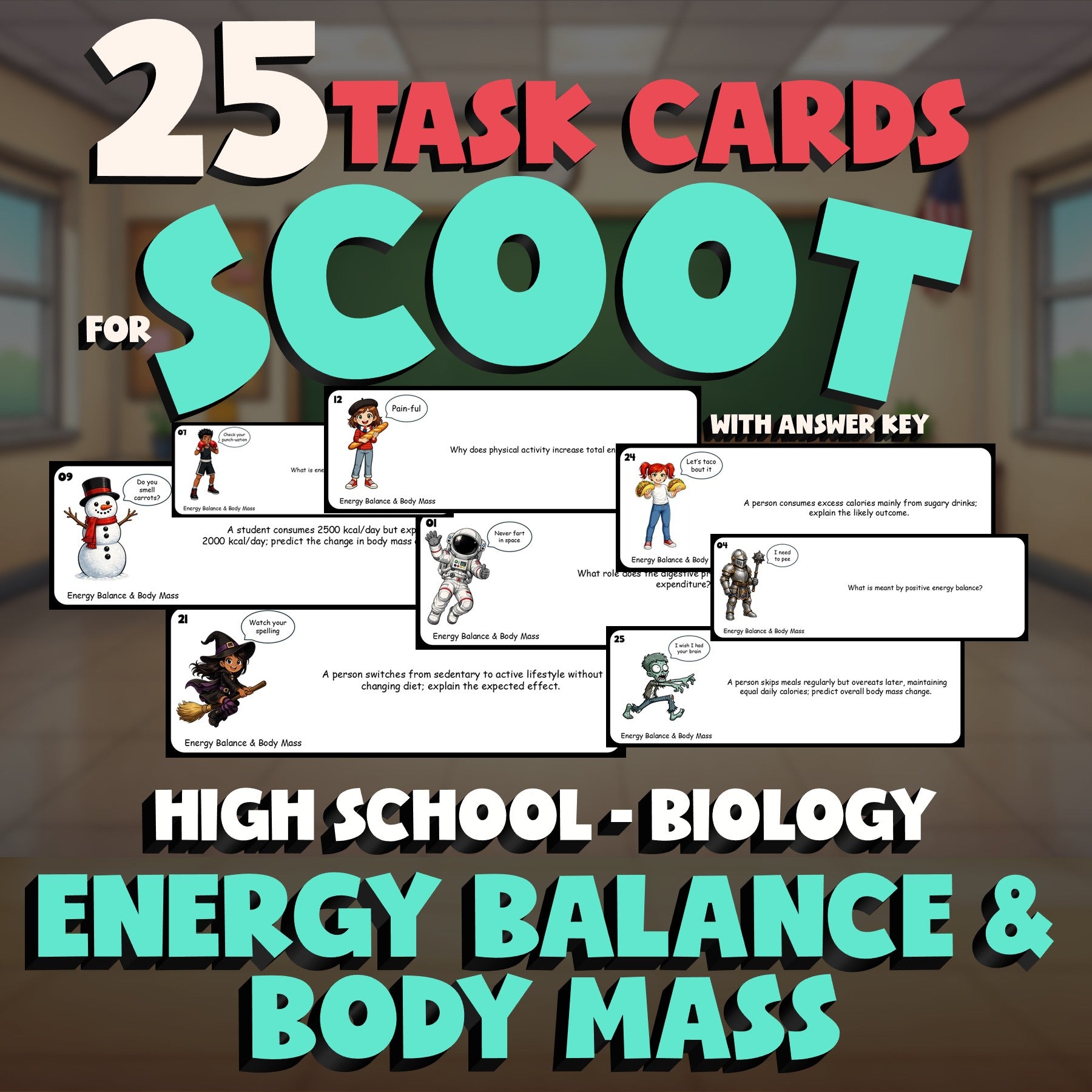 Energy Balance & Body Mass SCOOT TASK CARDS Science Game - No Prep Biology