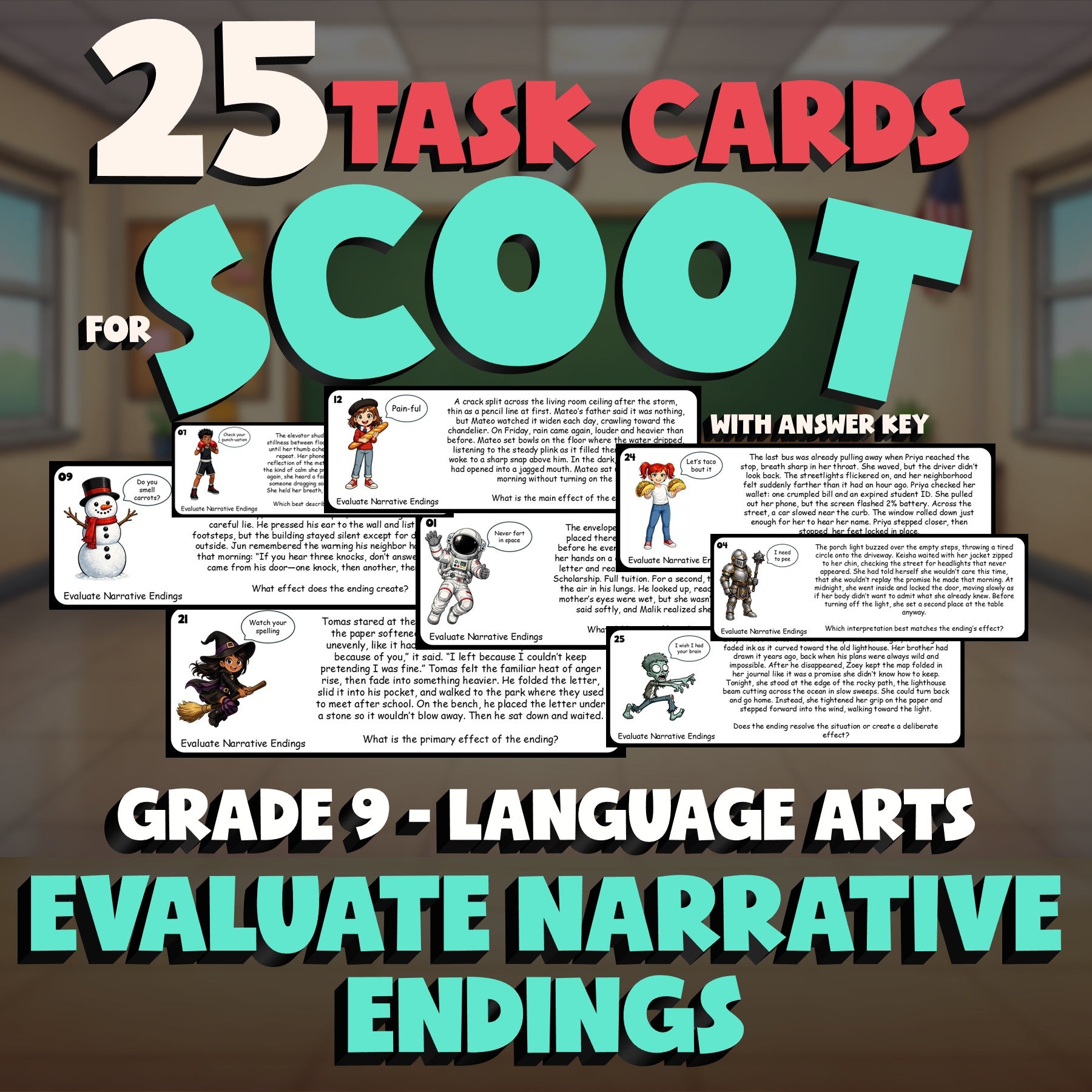 Evaluate Narrative Endings SCOOT TASK CARDS ELA Game - No Prep Grade 9 Review