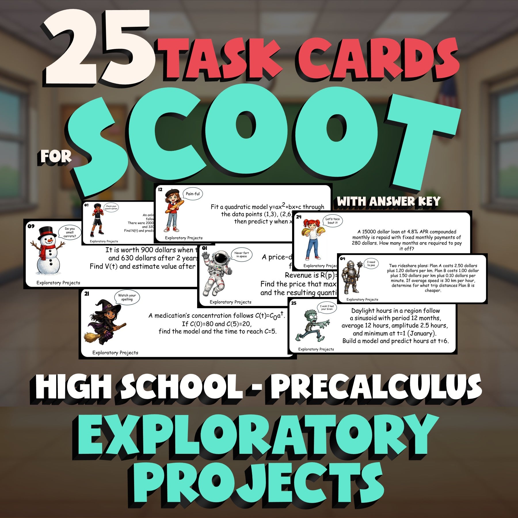 Exploratory Projects SCOOT TASK CARDS Math Game - No Prep PreCalculus Review