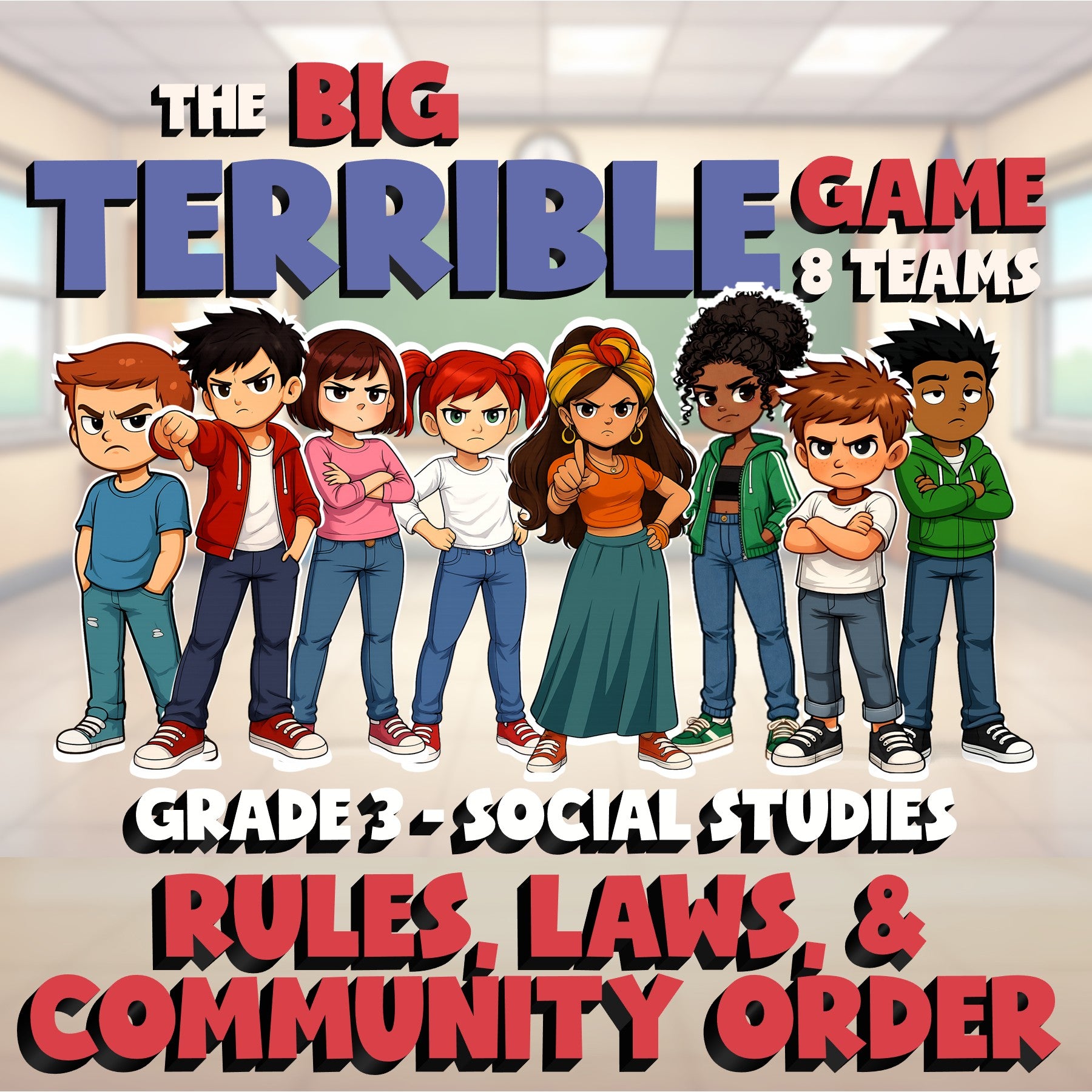 Rules, Laws, & Community Order BIG TERRIBLE GAME - Grade 3 Socials Review