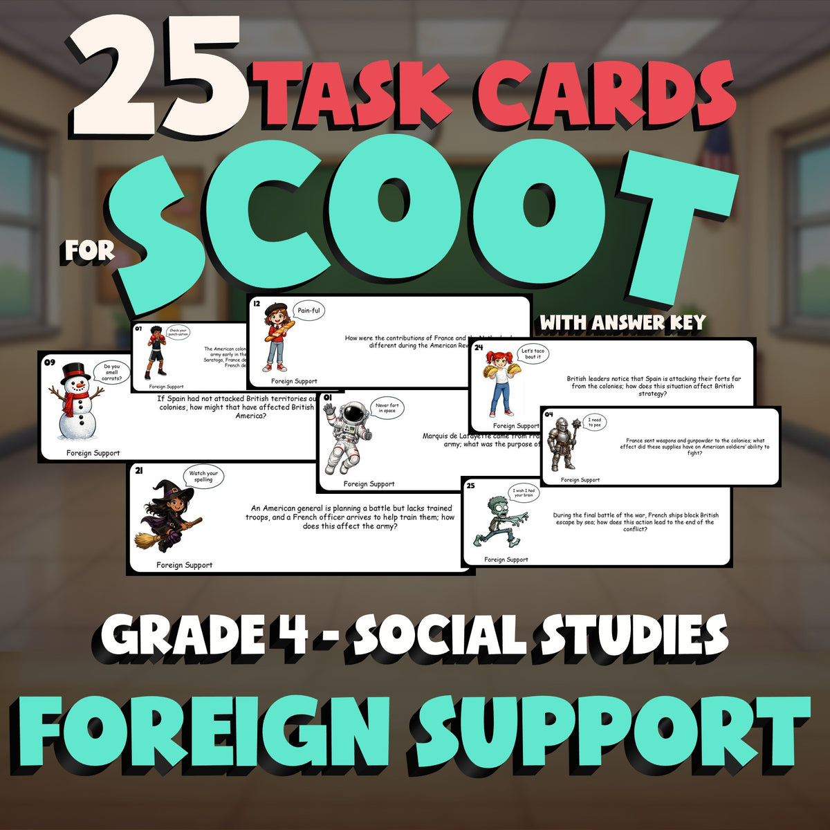 Foreign Support SCOOT TASK CARDS Socials Game - No Prep Grade 4 Review Activity