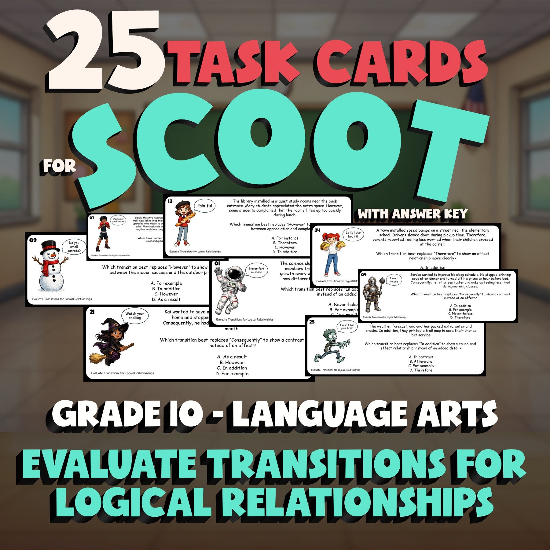Evaluate Transitions for Logical Relationships SCOOT TASK CARDS ELA Game - G10