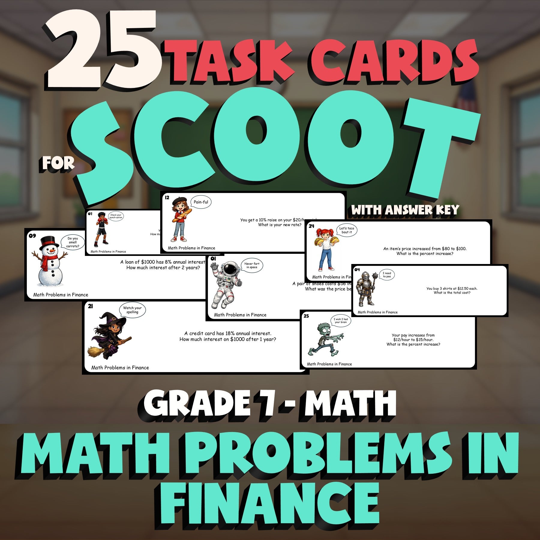 Math Problems in Finance SCOOT TASK CARDS Math Game - No Prep Grade 7 Review