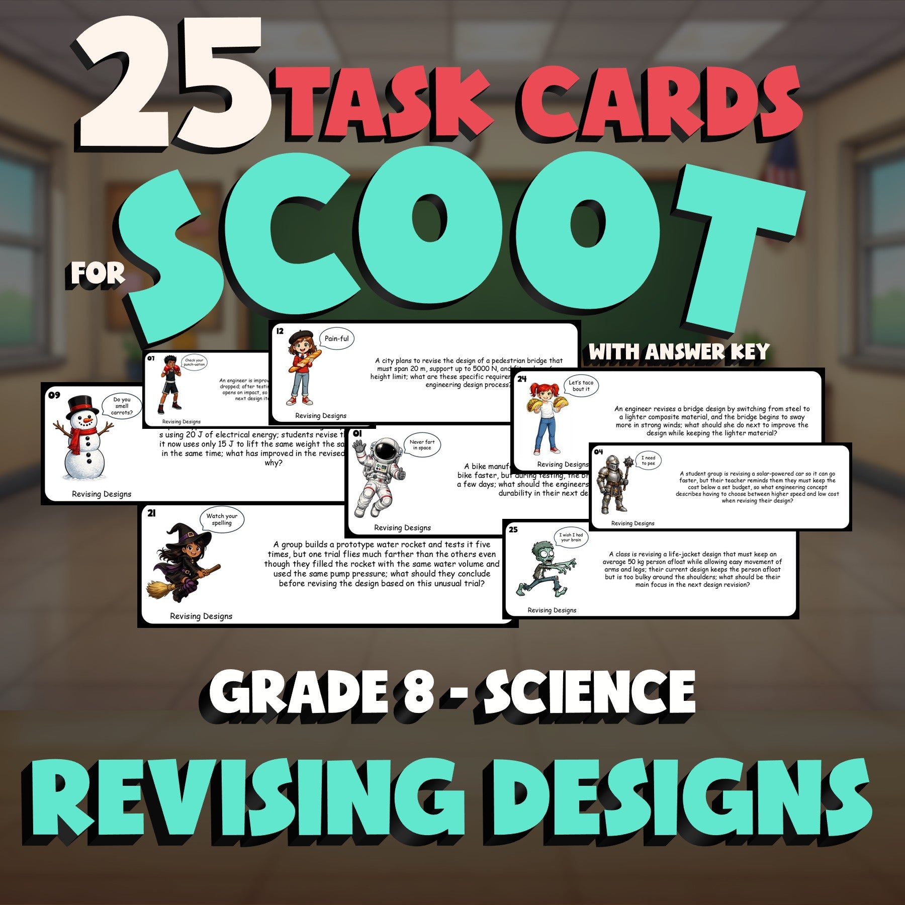 Revising Designs SCOOT TASK CARDS Science Game - No Prep Grade 8 Review Activity