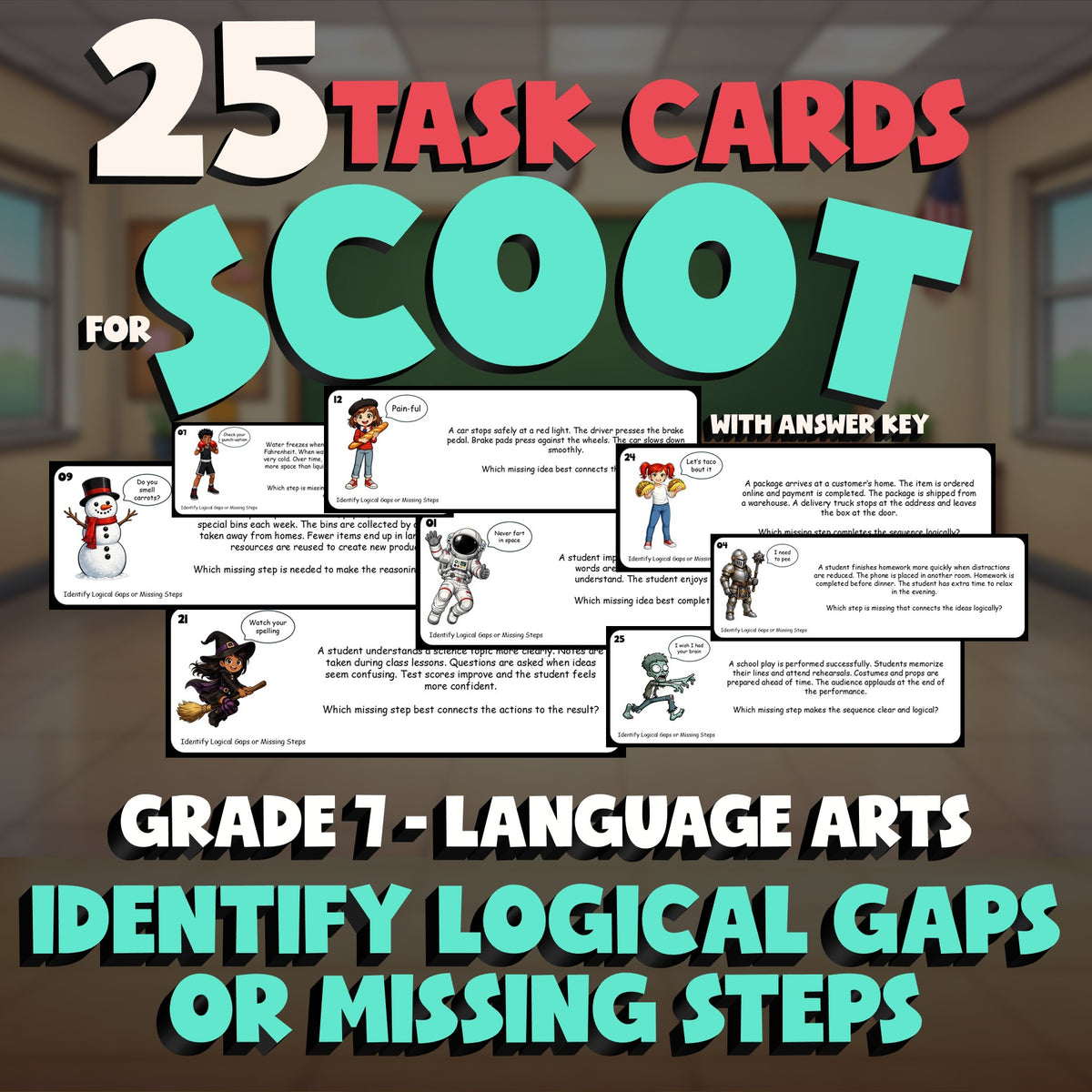 Identify Logical Gaps or Missing Steps SCOOT TASK CARDS ELA Game - Grade 7