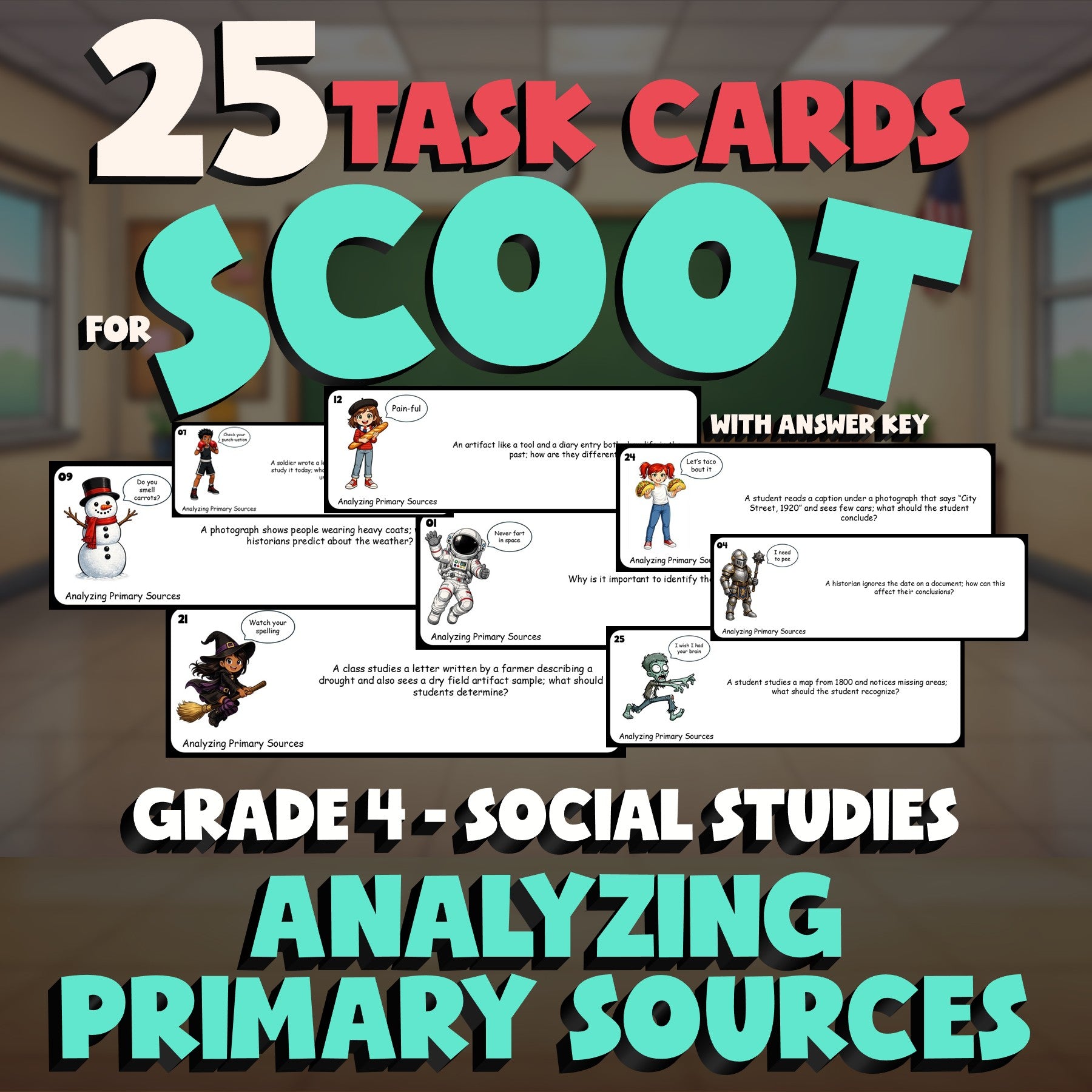 Analyzing Primary Sources SCOOT TASK CARDS Socials Game - No Prep Grade 4 Review