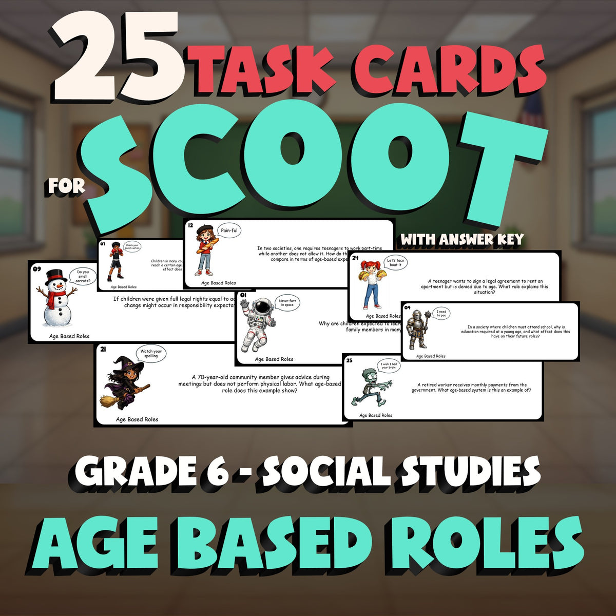 Age Based Roles SCOOT TASK CARDS Socials Game - No Prep Grade 6 Review Activity