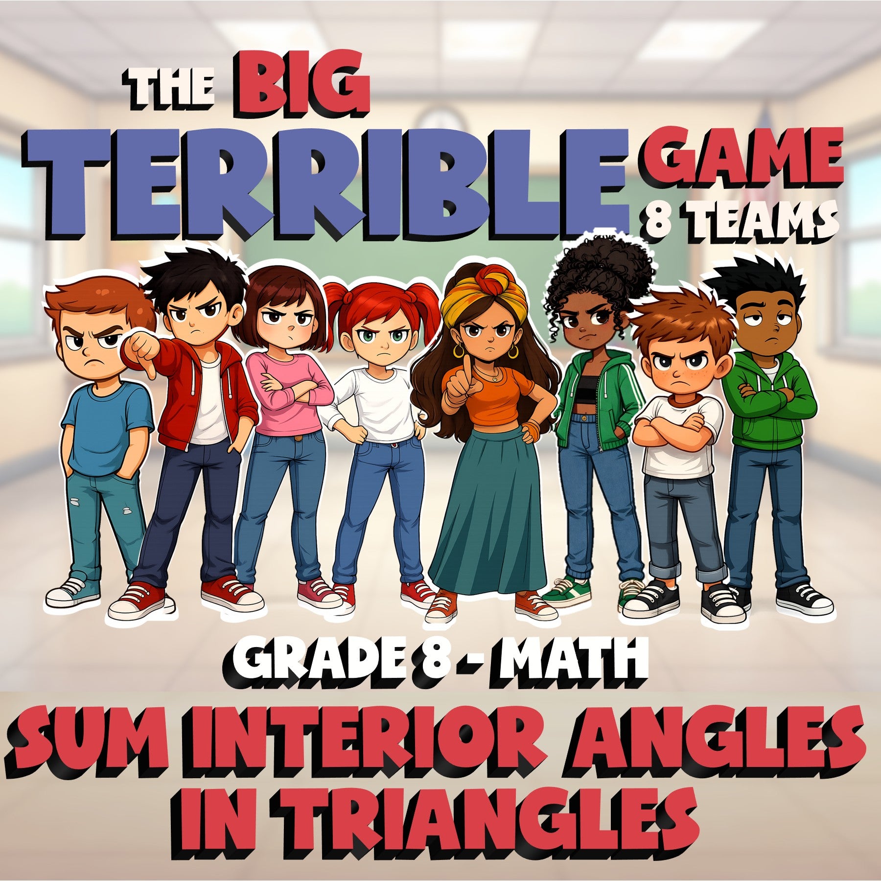 Sum Interior Angles in Triangles BIG TERRIBLE GAME - No Prep Grade 8 Math Review