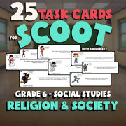 Religion & Society SCOOT TASK CARDS Socials Game - No Prep Grade 6 Review