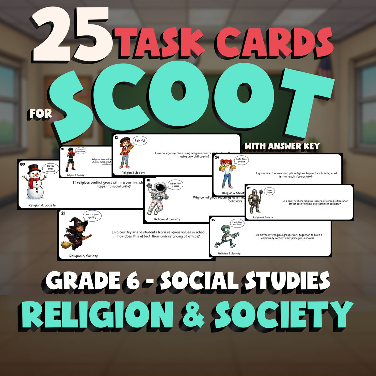Religion & Society SCOOT TASK CARDS Socials Game - No Prep Grade 6 Review