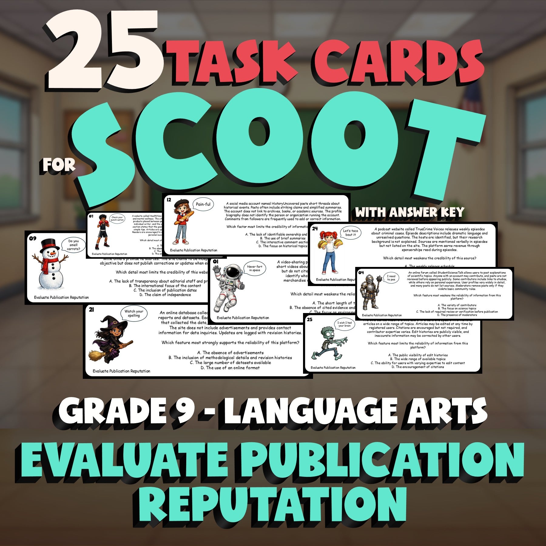 Evaluate Publication Reputation SCOOT TASK CARDS ELA Game - No Prep Grade 9