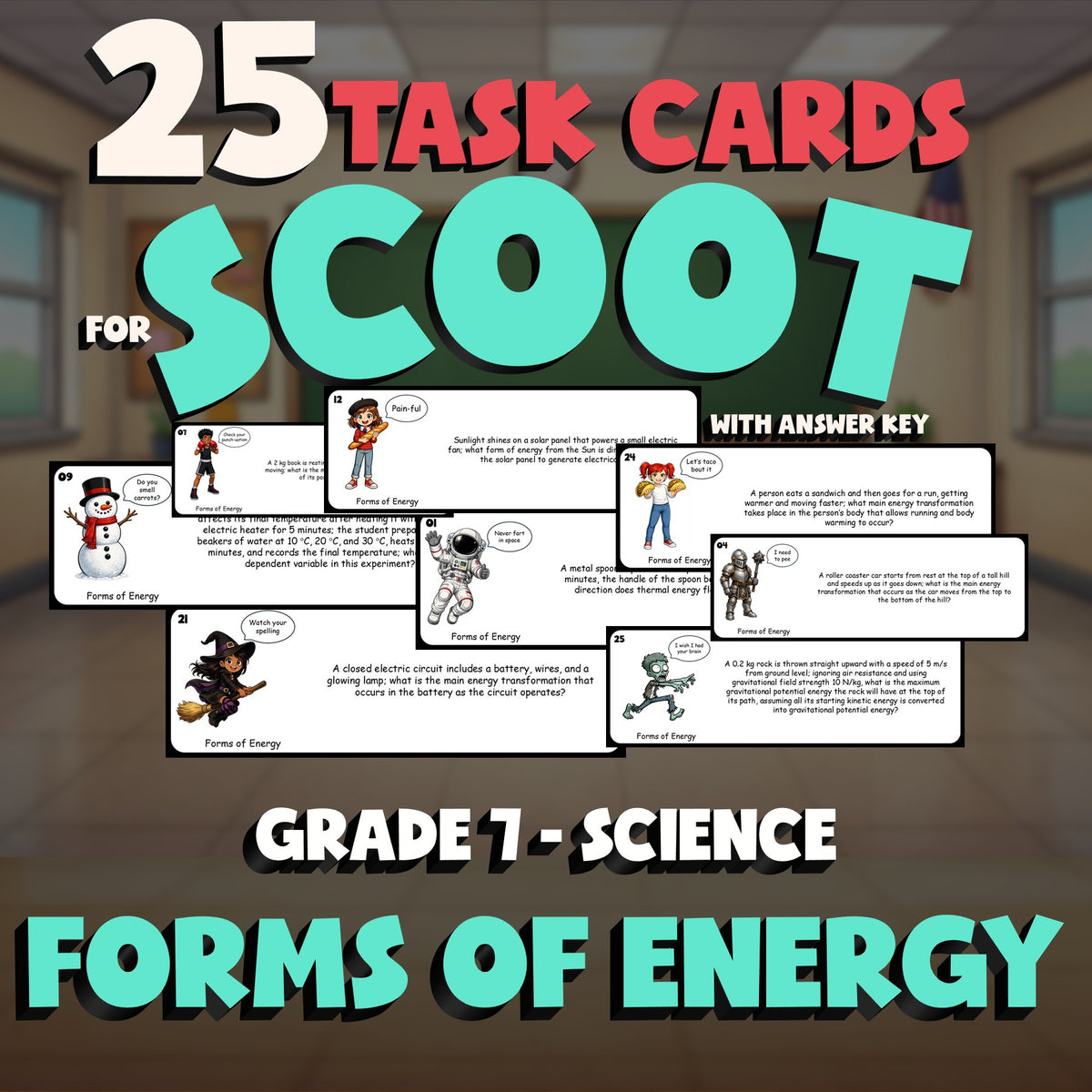 Forms of Energy SCOOT TASK CARDS Science Game - No Prep Grade 7 Review Activity