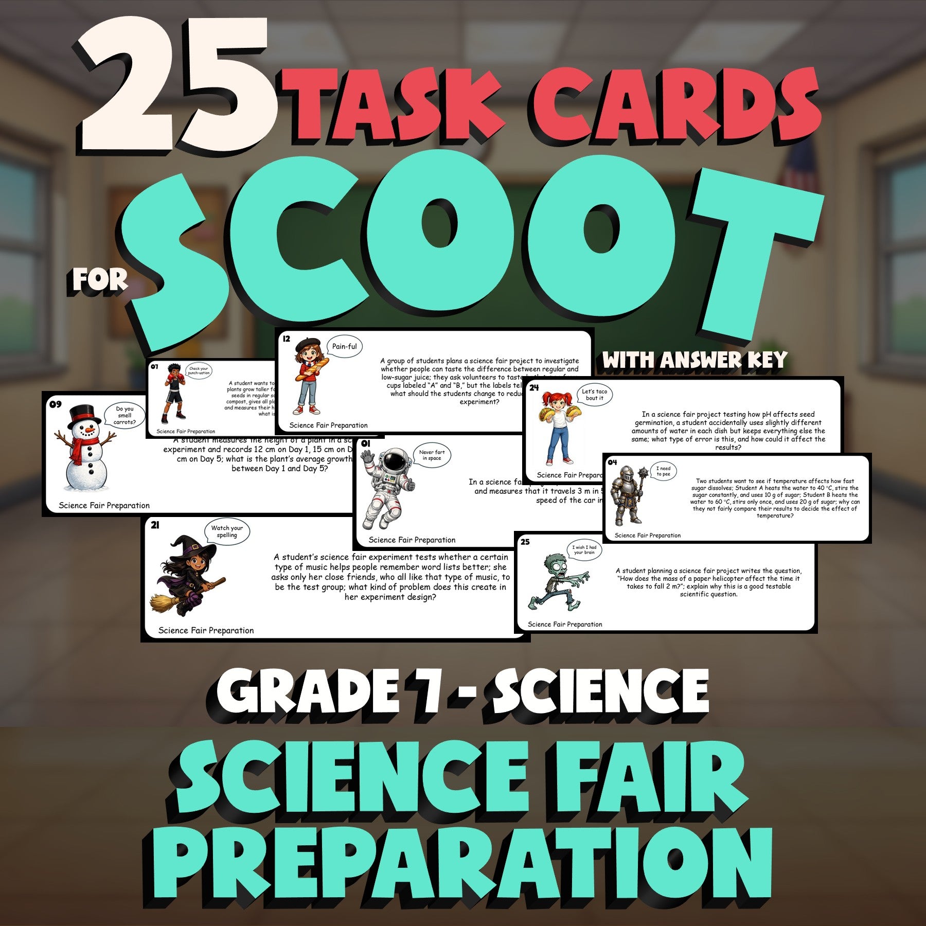 Science Fair Preparation SCOOT TASK CARDS Science Game - No Prep Grade 7 Review