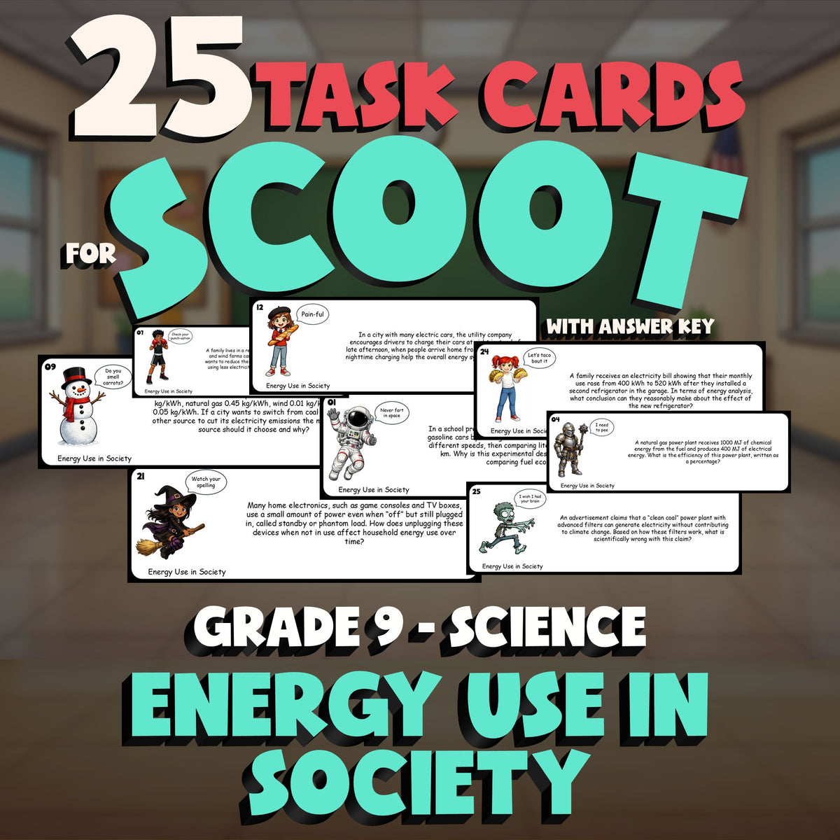 Energy Use in Society SCOOT TASK CARDS Science Game - No Prep Grade 9 Review