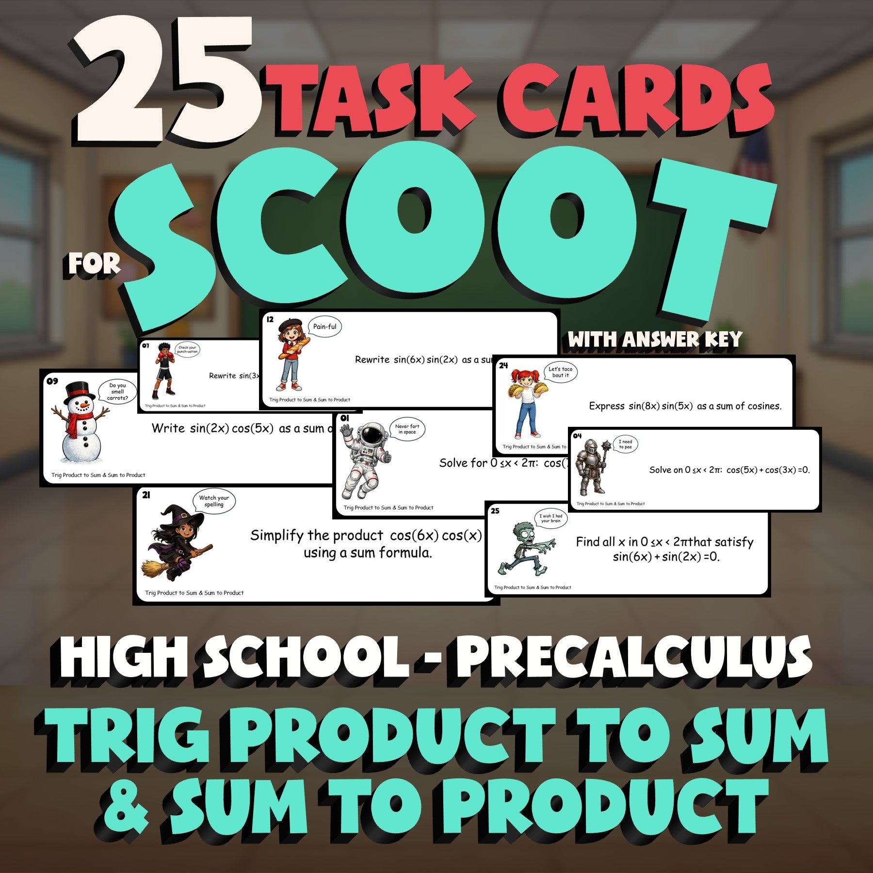 Trig Product to Sum & Sum to Product SCOOT TASK CARDS Math Game - PreCalculus