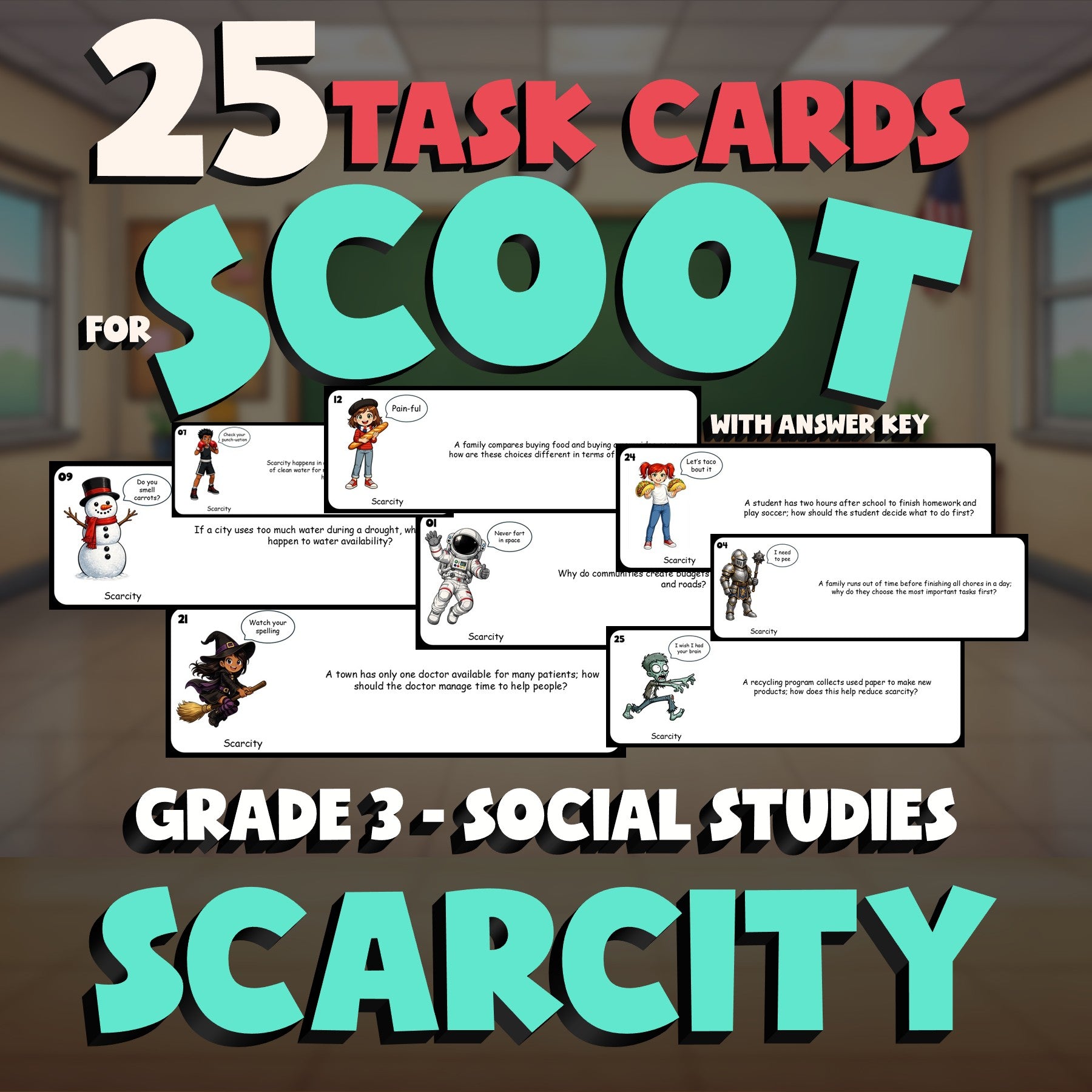 Scarcity SCOOT TASK CARDS Socials Game - No Prep Grade 3 Review Activity