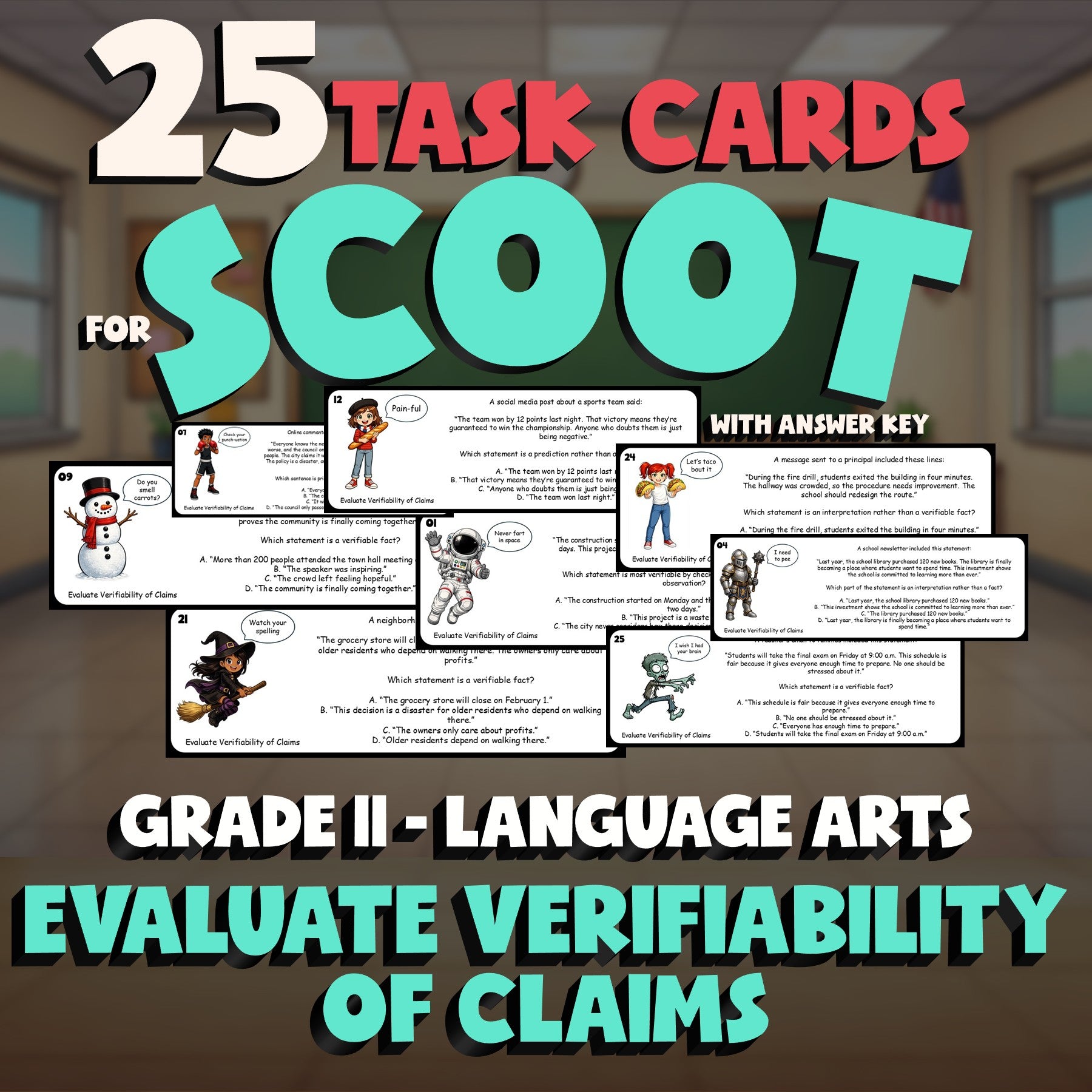 Evaluate Verifiability of Claims SCOOT TASK CARDS ELA Game - No Prep Grade 11