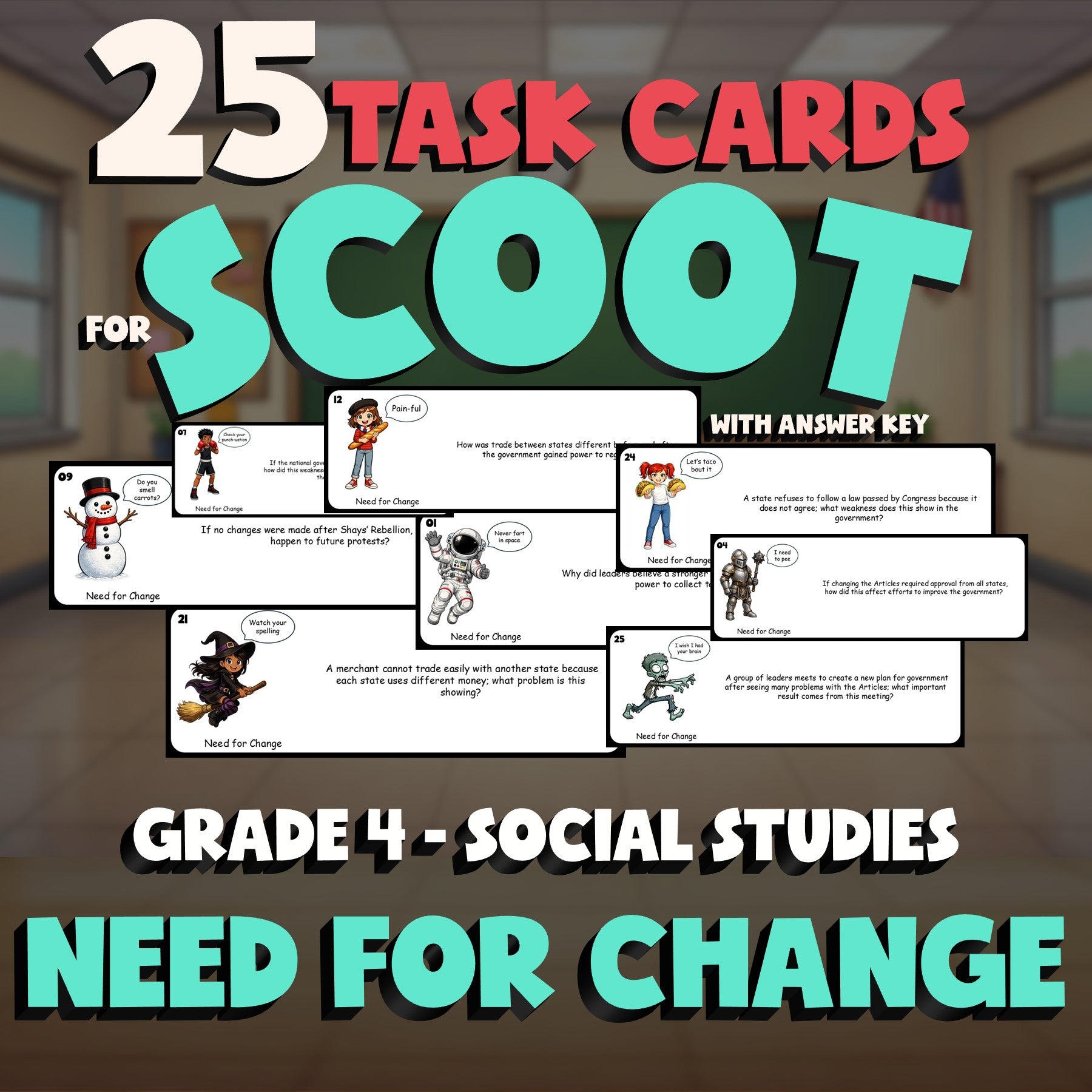 Need for Change SCOOT TASK CARDS Socials Game - No Prep Grade 4 Review Activity