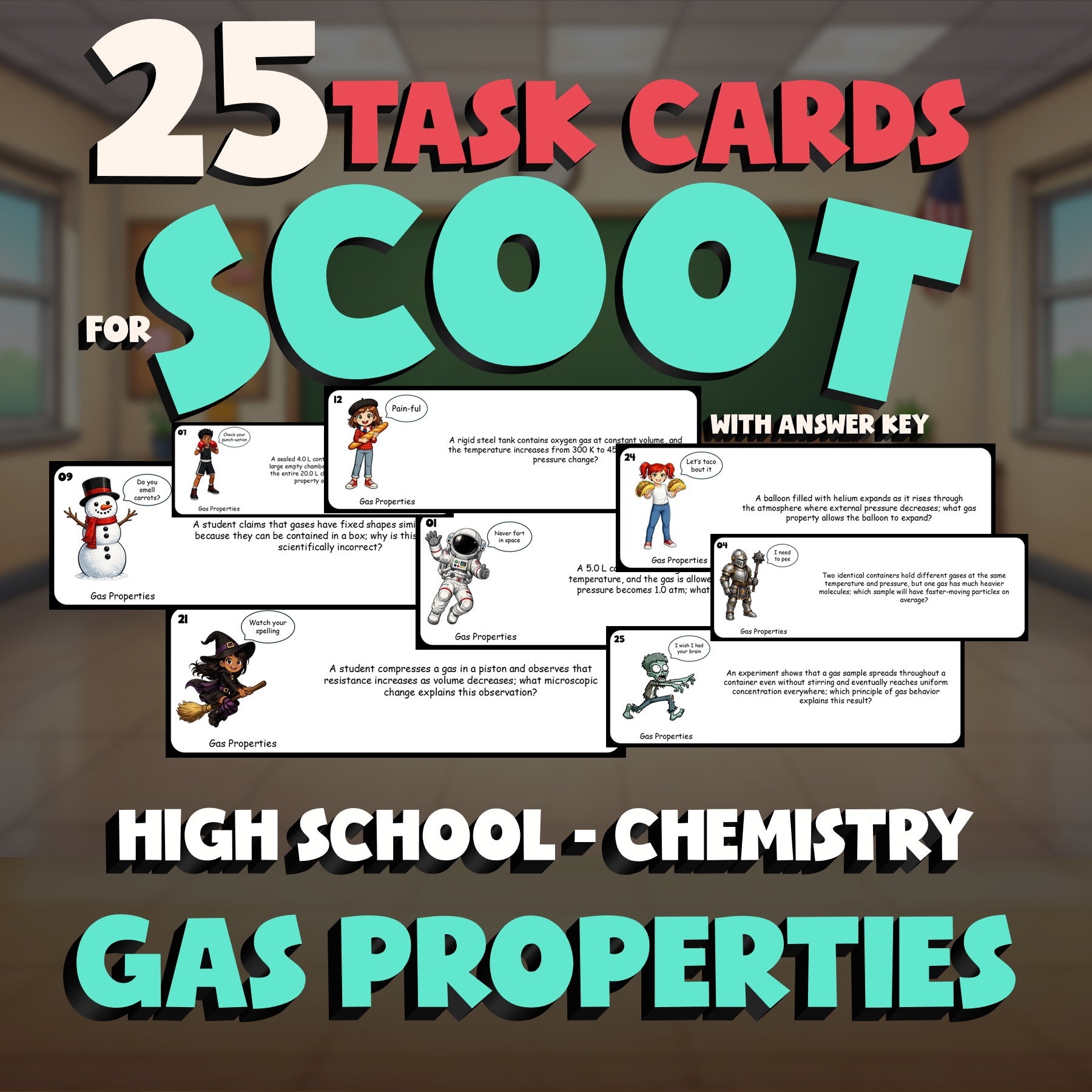 Gas Properties SCOOT TASK CARDS Science Game - No Prep Chemistry Review Activity