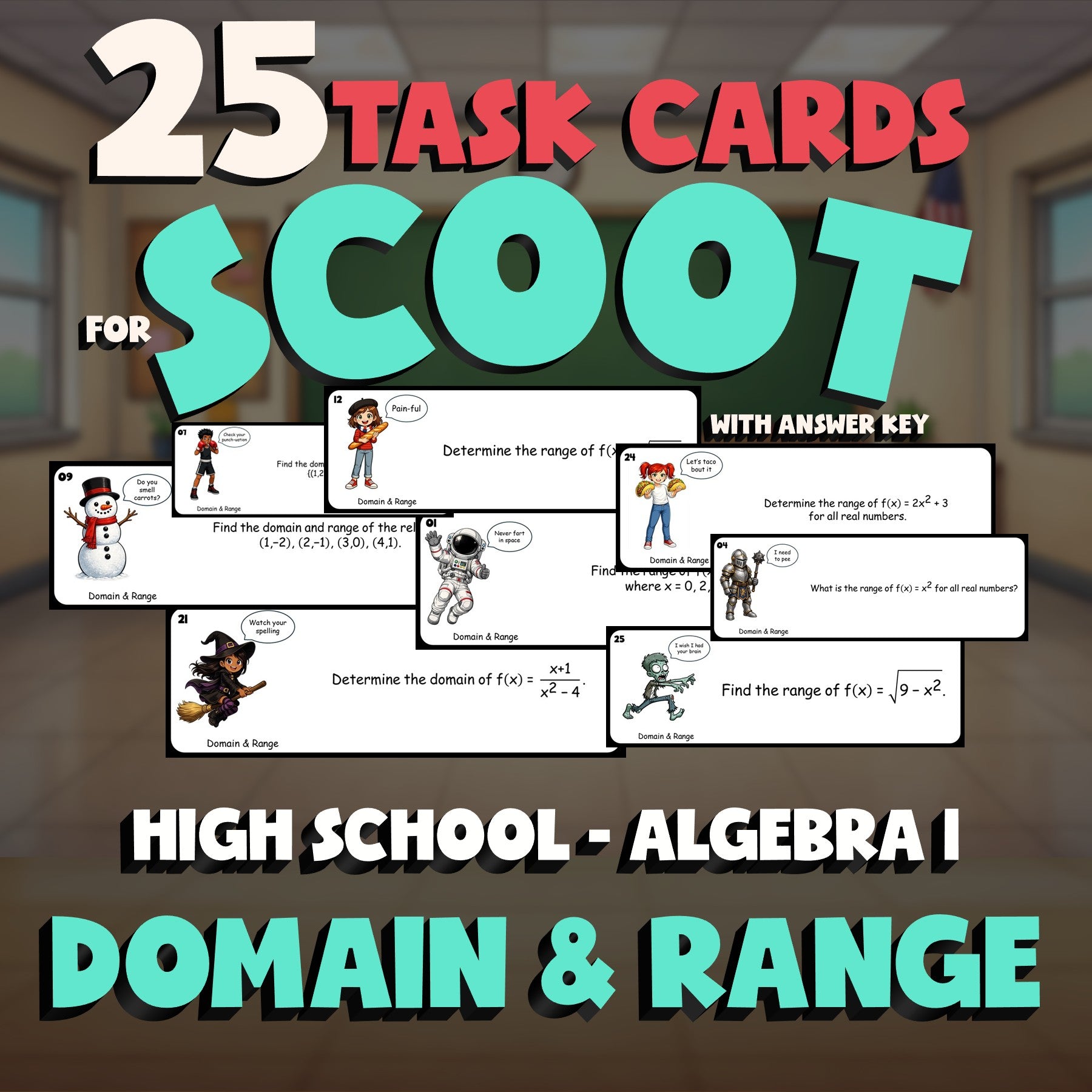 Domain & Range SCOOT TASK CARDS Math Game - No Prep Algebra 1 Review Activity