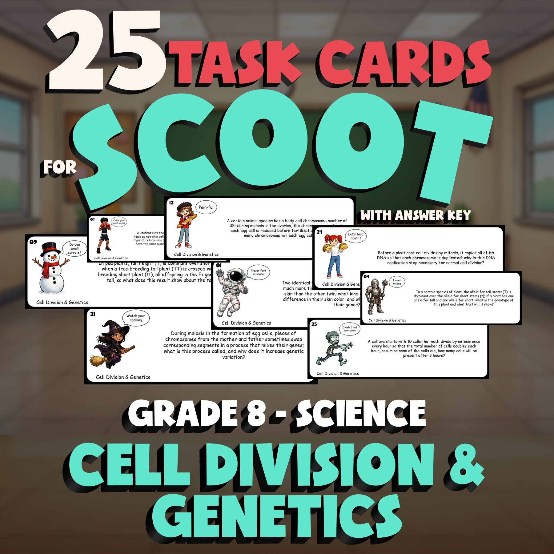Cell Division & Genetics SCOOT TASK CARDS Science Game - No Prep Grade 8 Review