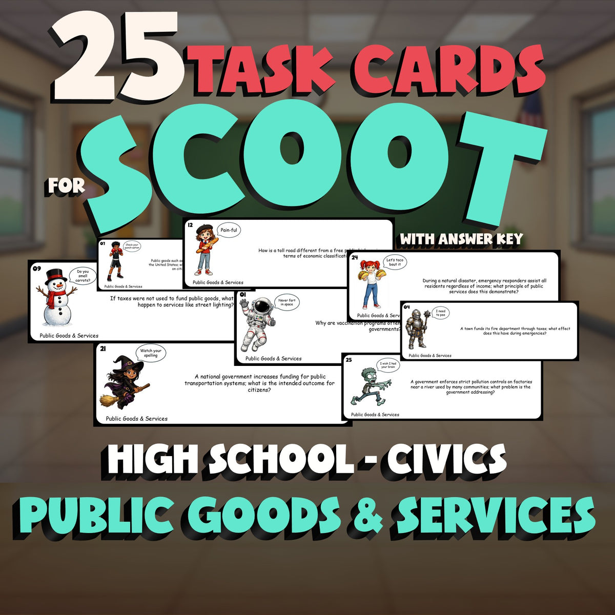 Public Goods & Services SCOOT TASK CARDS Civics Game - No Prep Review Activity