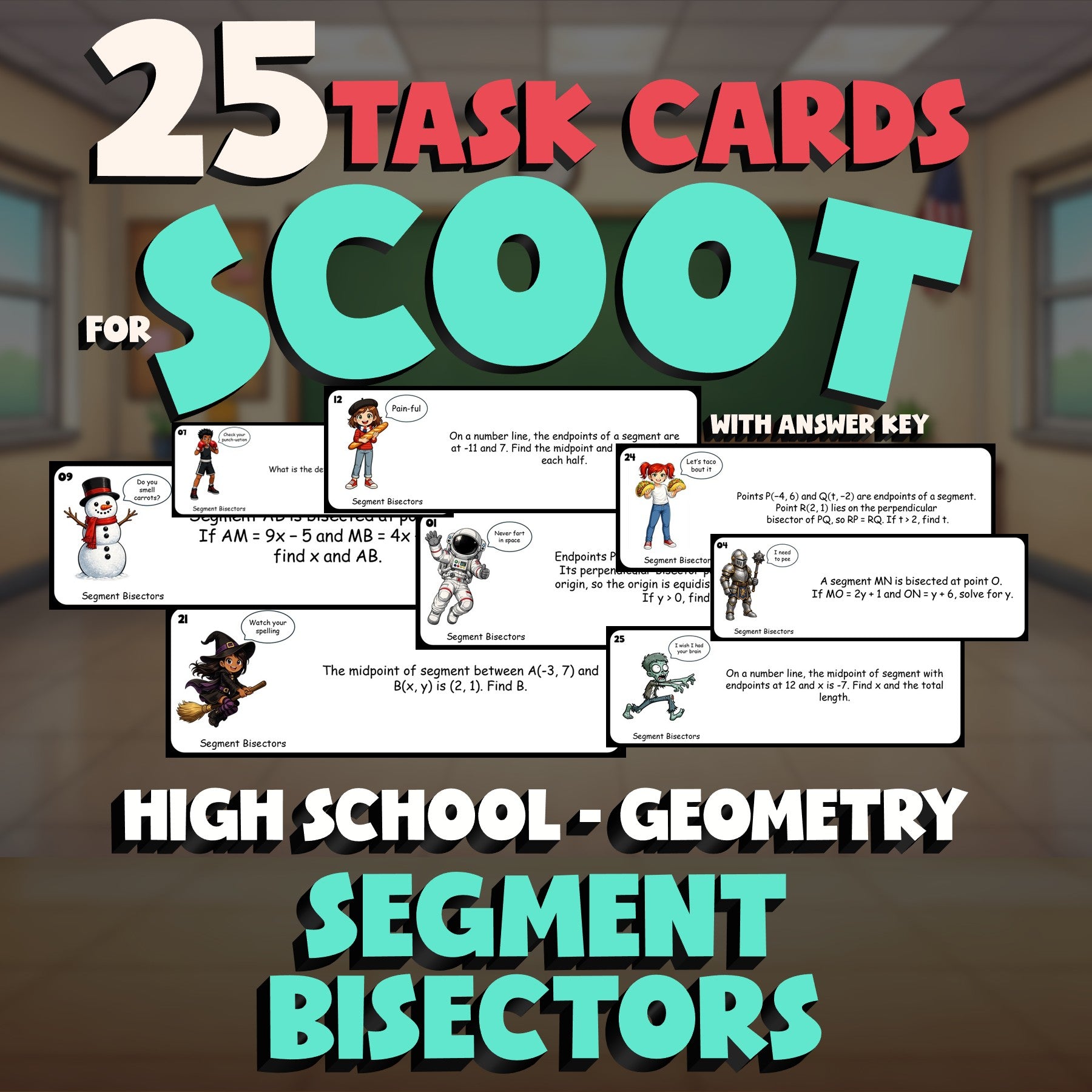 Segment Bisectors SCOOT TASK CARDS Math Game - No Prep Geometry Review Activity