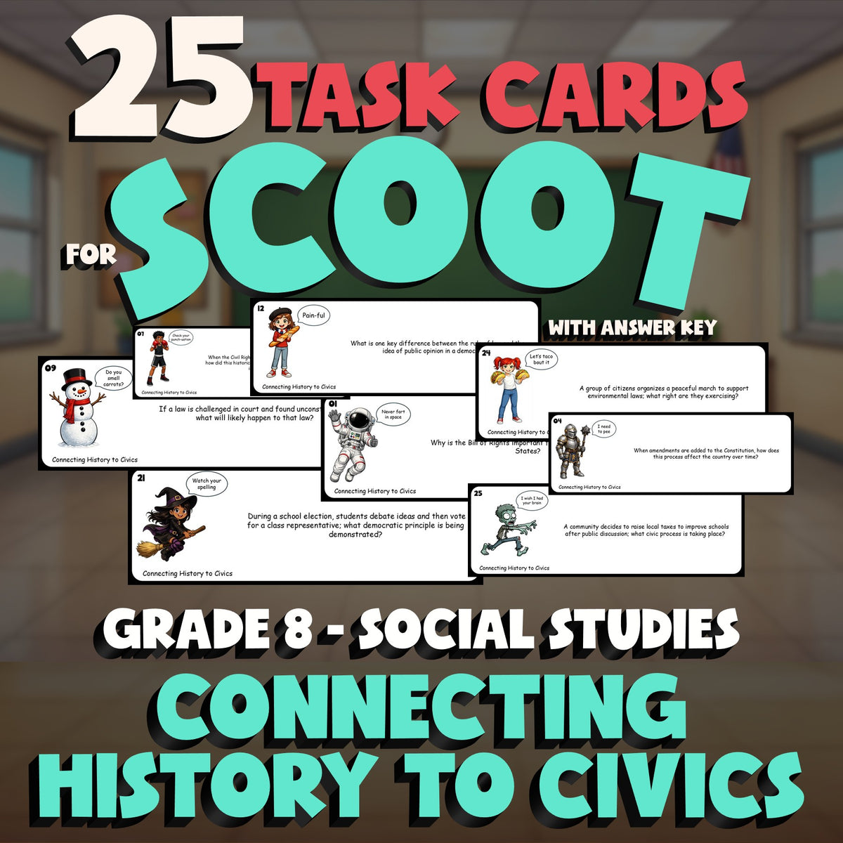 Connecting History to Civics SCOOT TASK CARDS Socials Game - No Prep Grade 8