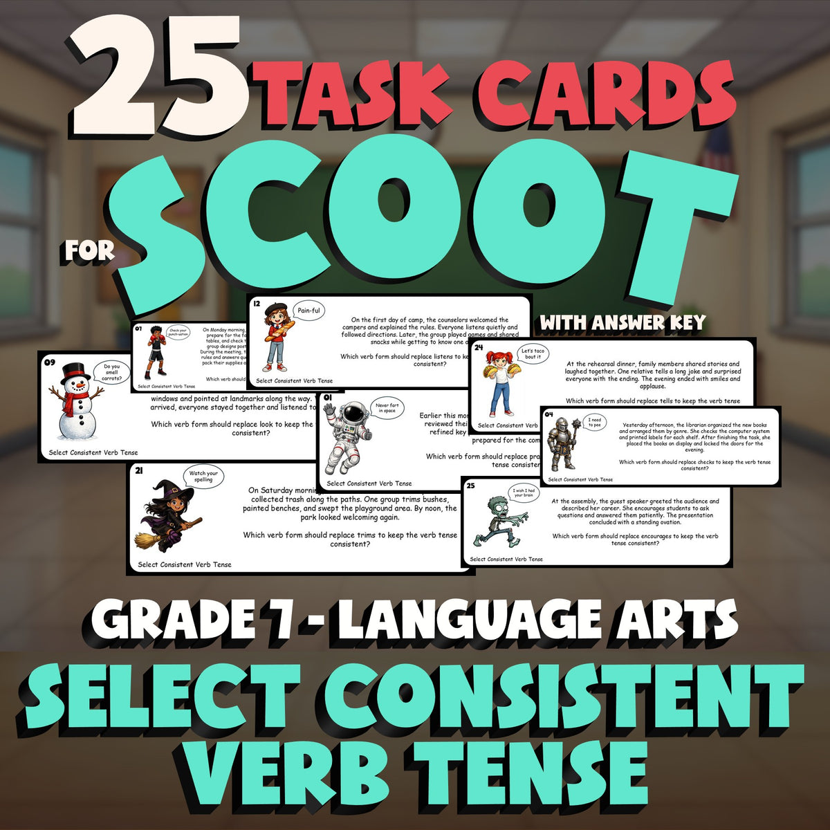 Select Consistent Verb Tense SCOOT TASK CARDS ELA Game - No Prep Grade 7 Review