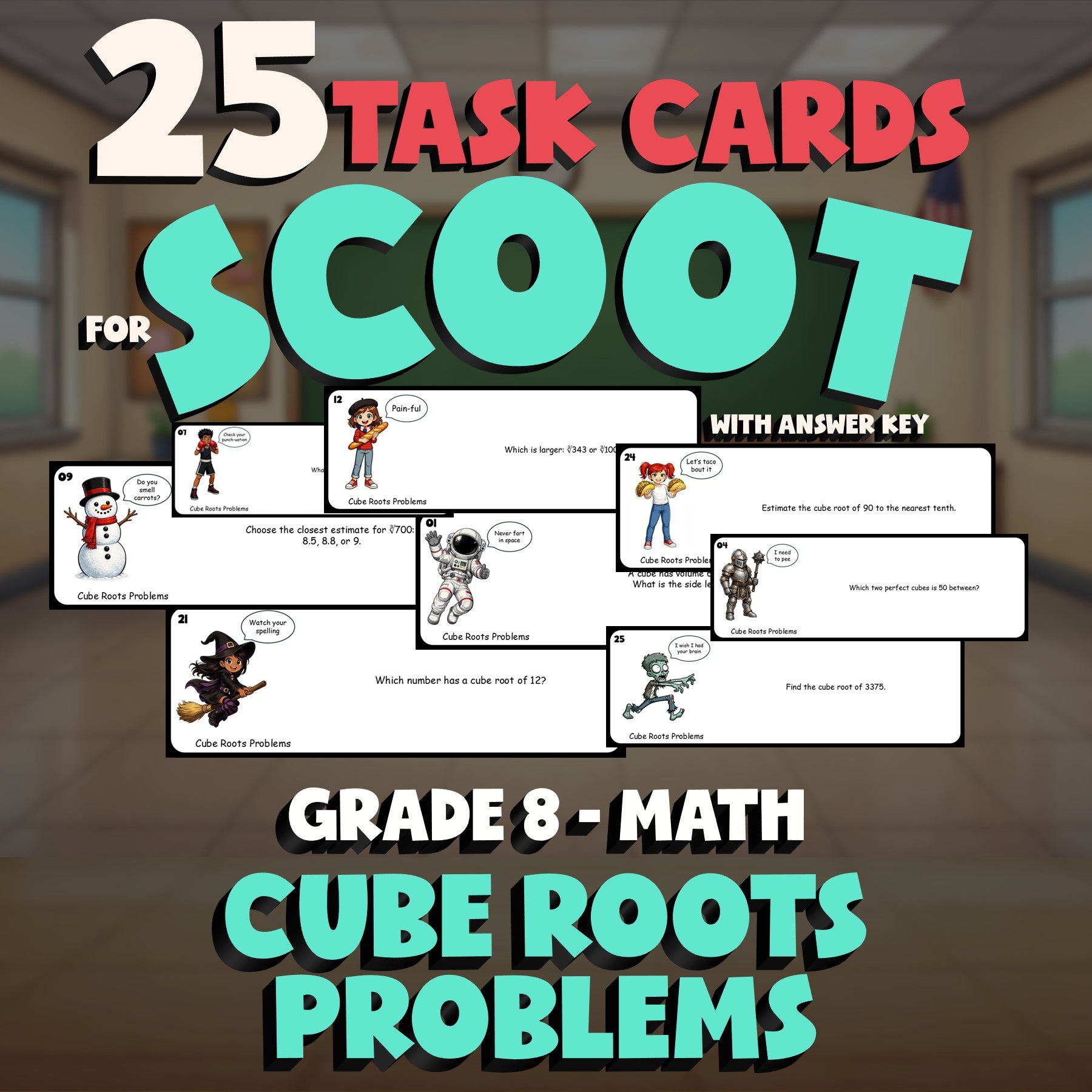 Cube Roots Problems SCOOT TASK CARDS Math Game - No Prep Grade 8 Review Activity