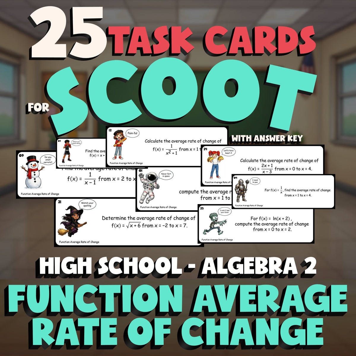 Function Average Rate of Change SCOOT TASK CARDS Math Game - No Prep Algebra 2