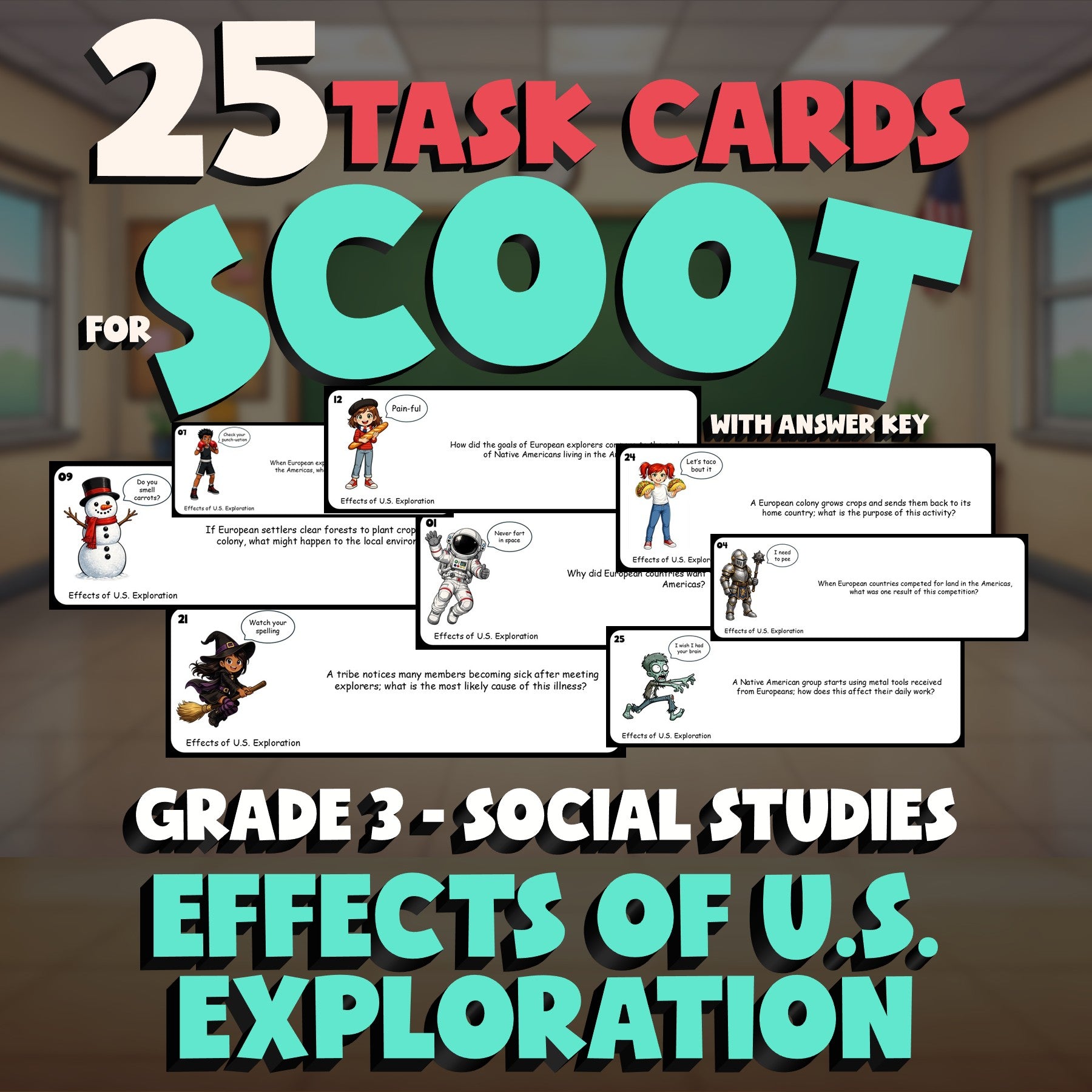 Effects of U.S. Exploration SCOOT TASK CARDS Socials Game - No Prep Grade 3