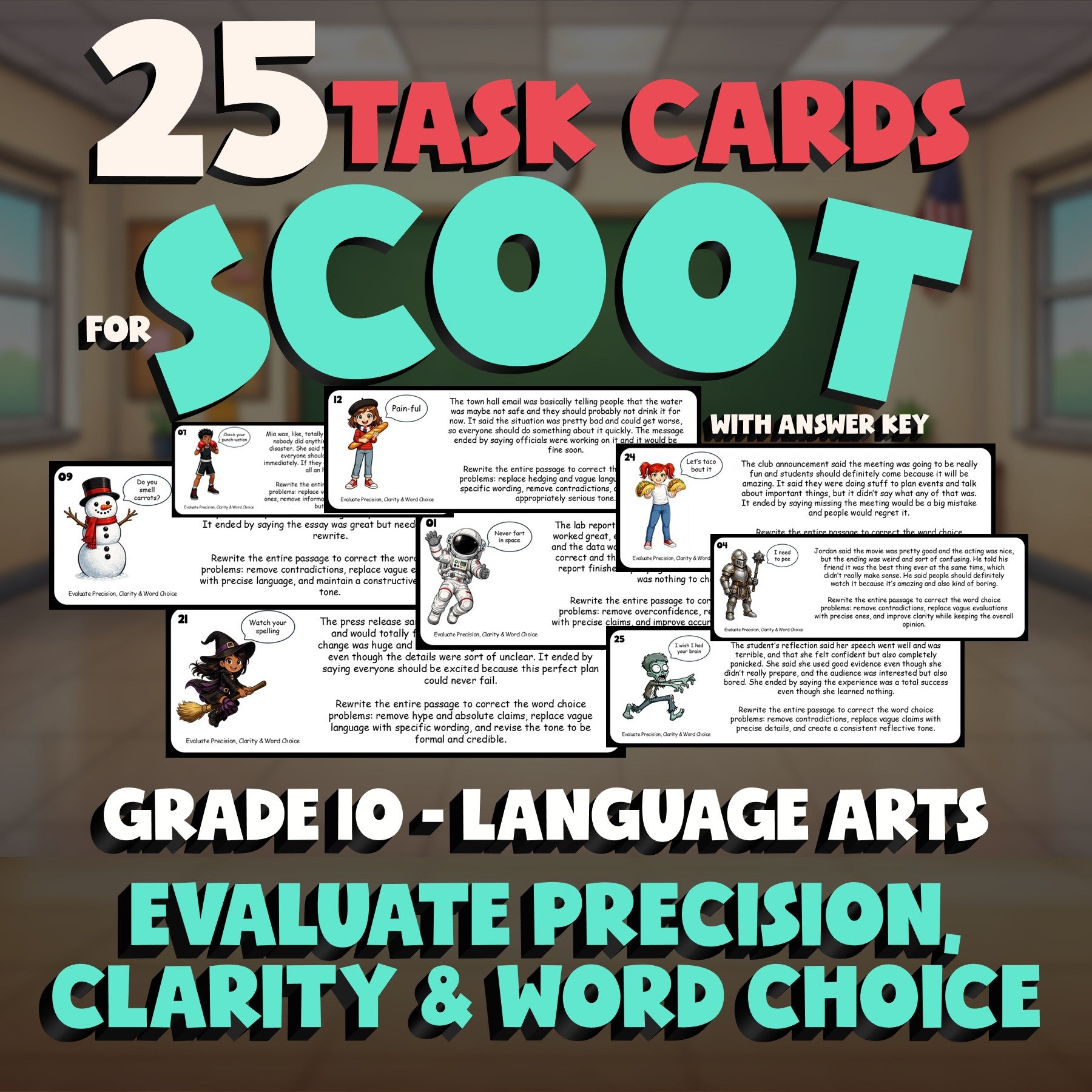 Evaluate Precision, Clarity & Word Choice SCOOT TASK CARDS ELA Game - Grade 10