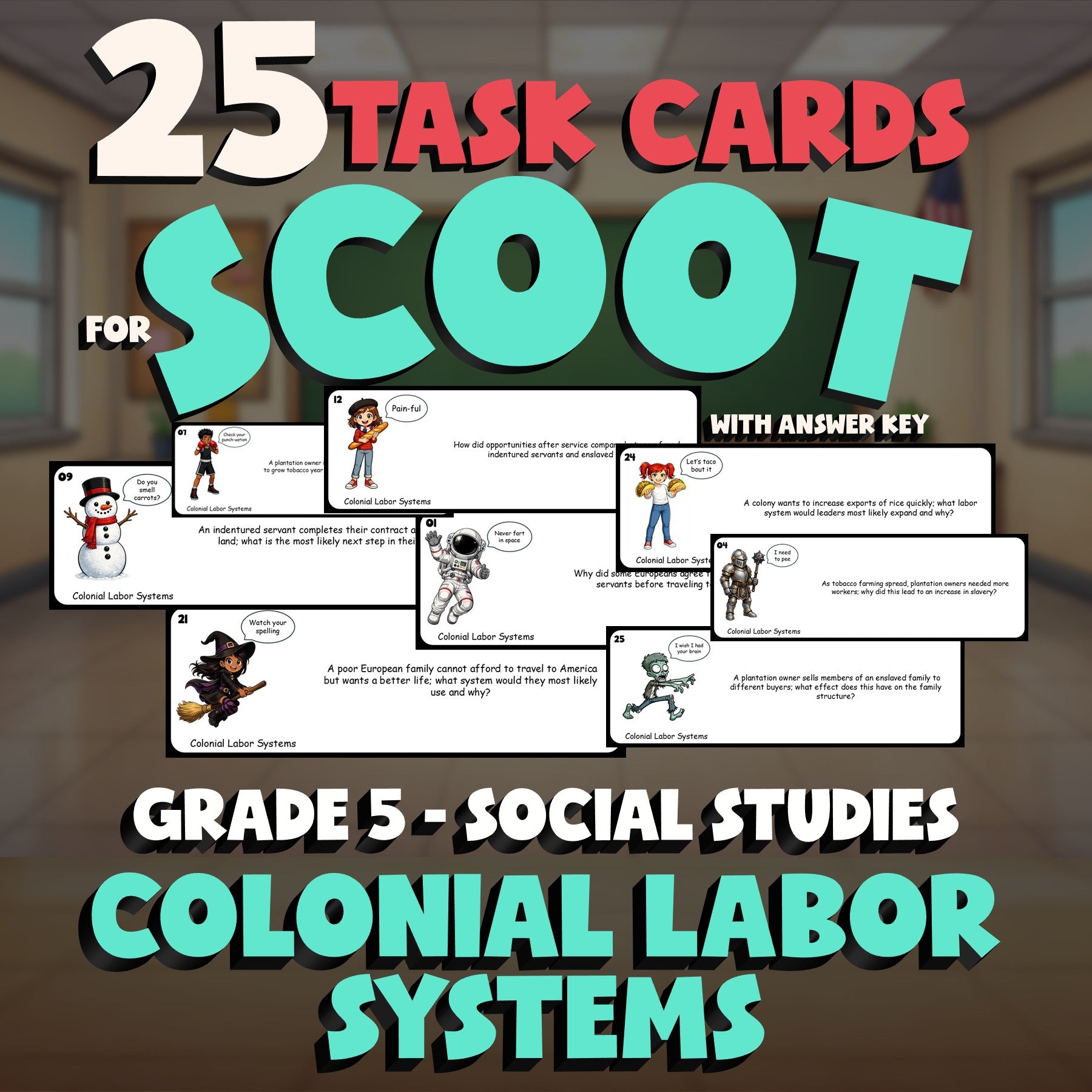 Colonial Labor Systems SCOOT TASK CARDS Socials Game - No Prep Grade 5 Review