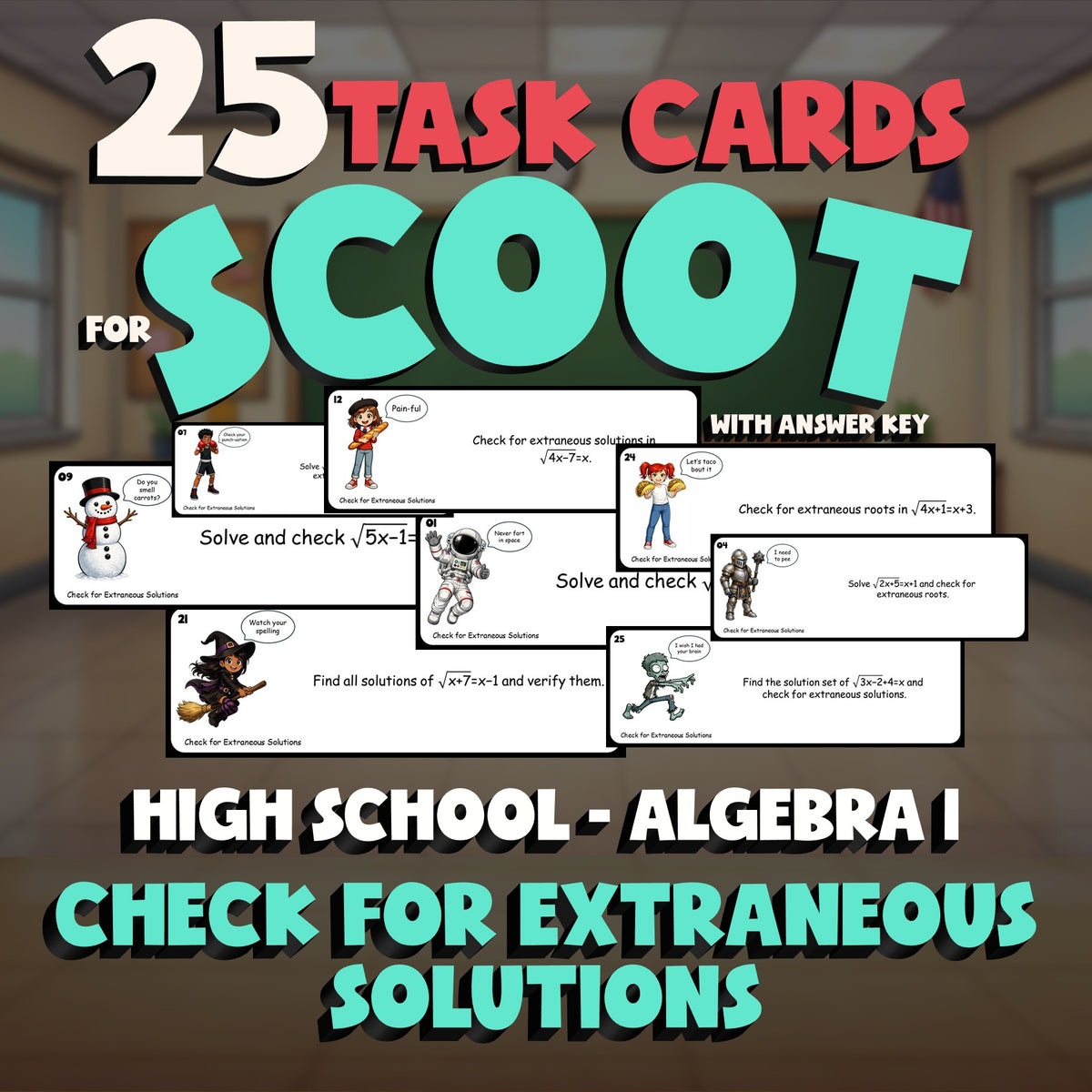 Check for Extraneous Solutions SCOOT TASK CARDS Math Game - No Prep Algebra 1
