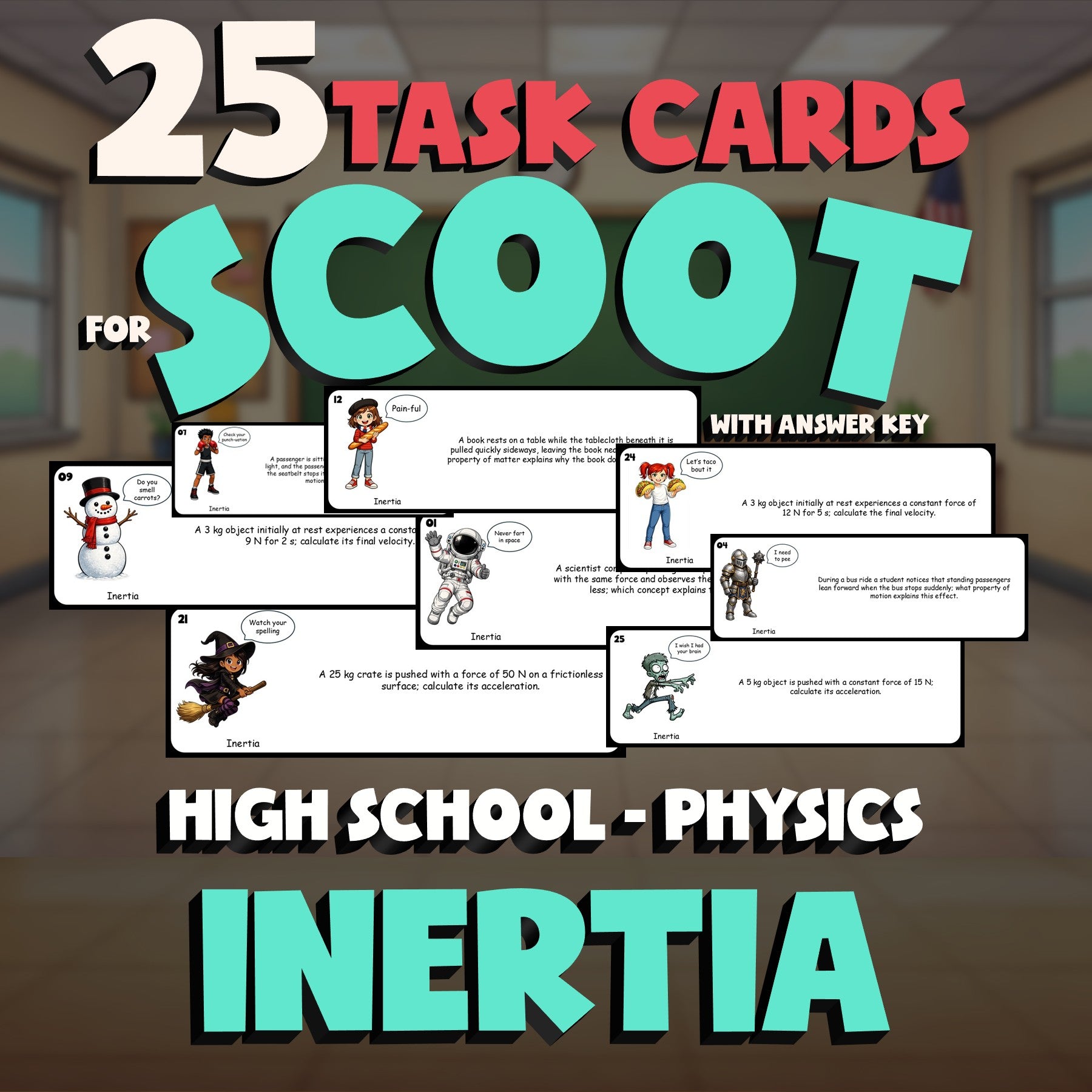 Inertia SCOOT TASK CARDS Science Game - No Prep Physics Review Activity