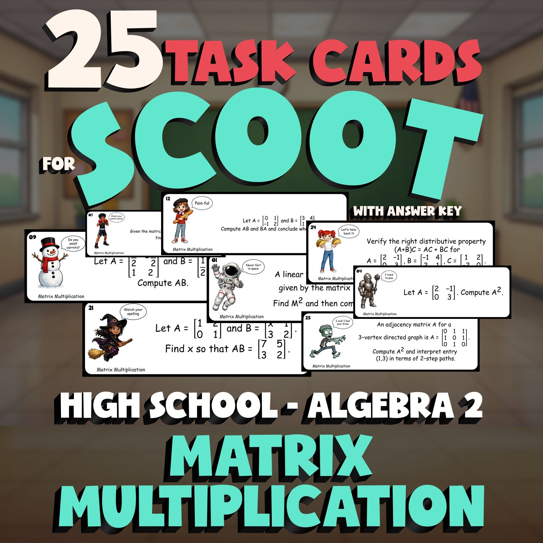 Matrix Multiplication SCOOT TASK CARDS Math Game - No Prep Algebra 2 Review