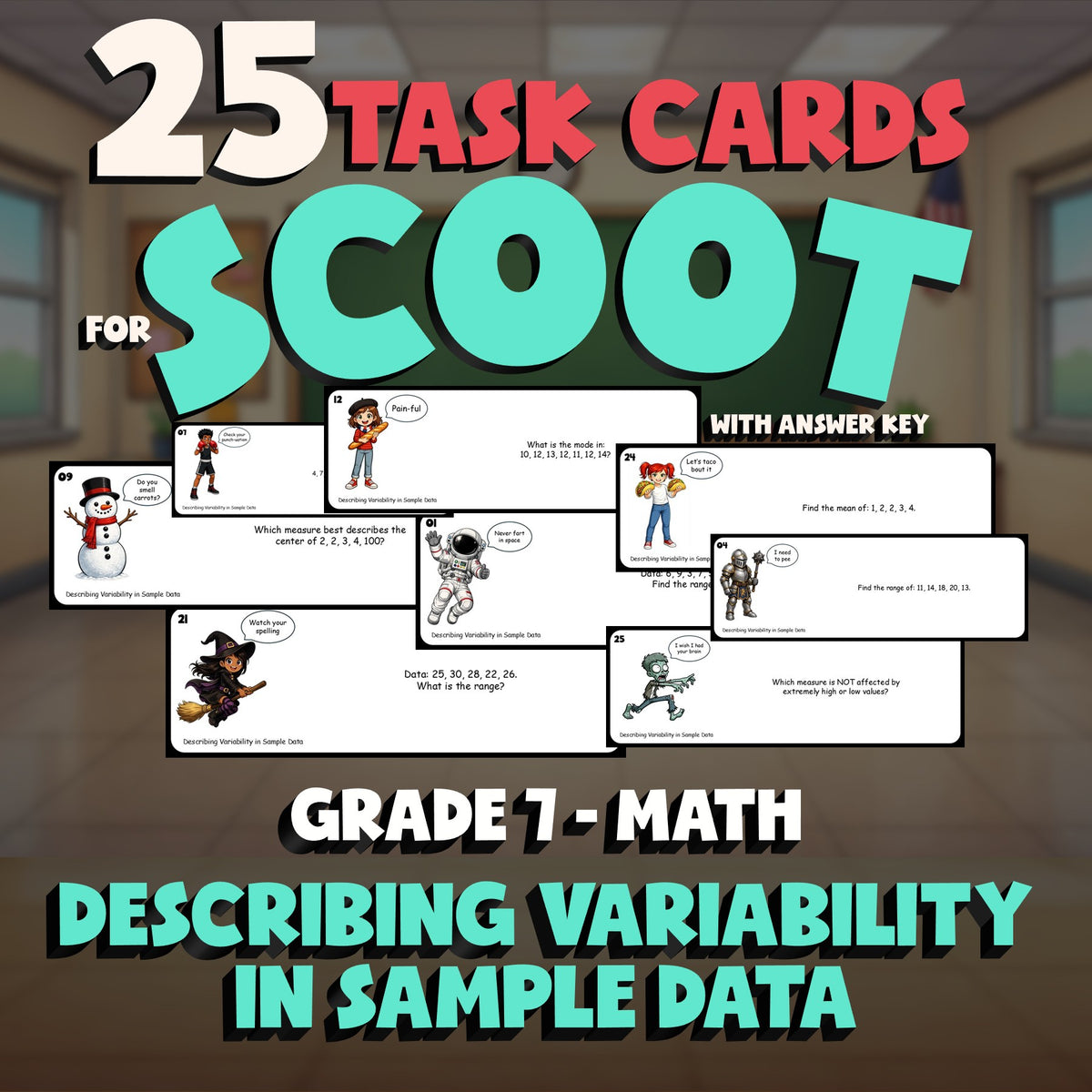 Describing Variability in Sample Data SCOOT TASK CARDS Math Game - Grade 7