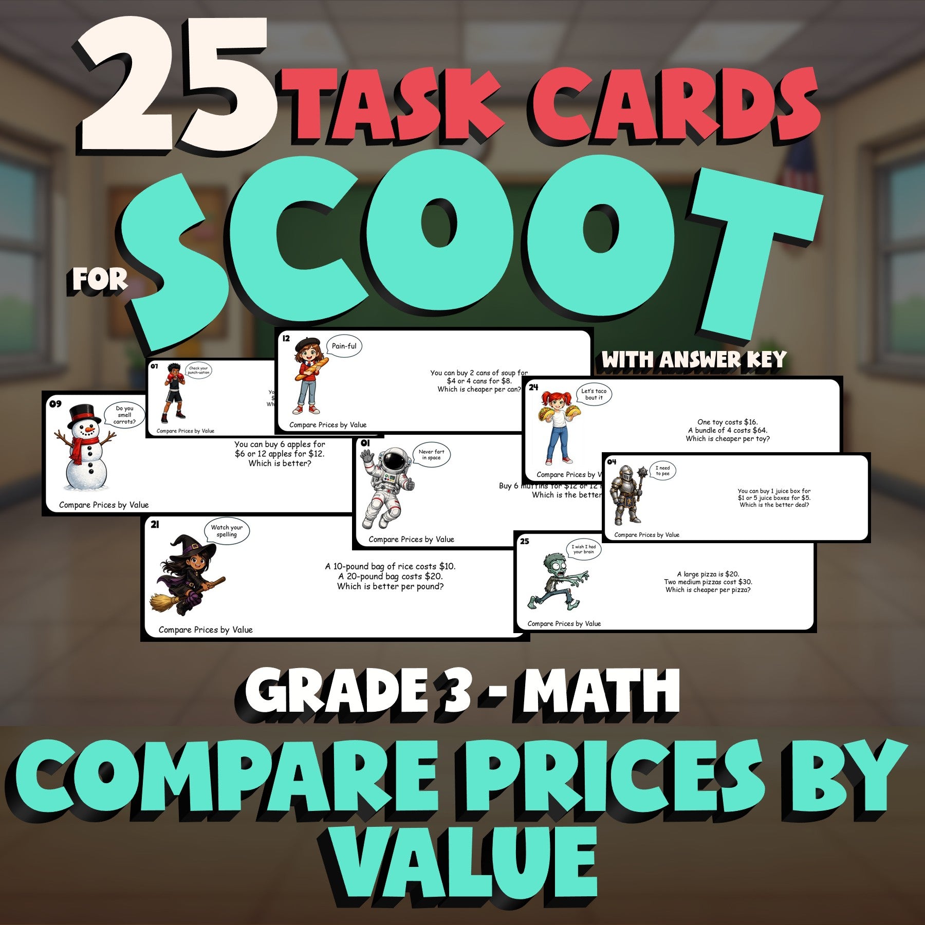 Compare Prices by Value SCOOT TASK CARDS Math Game - No Prep Grade 3 Review