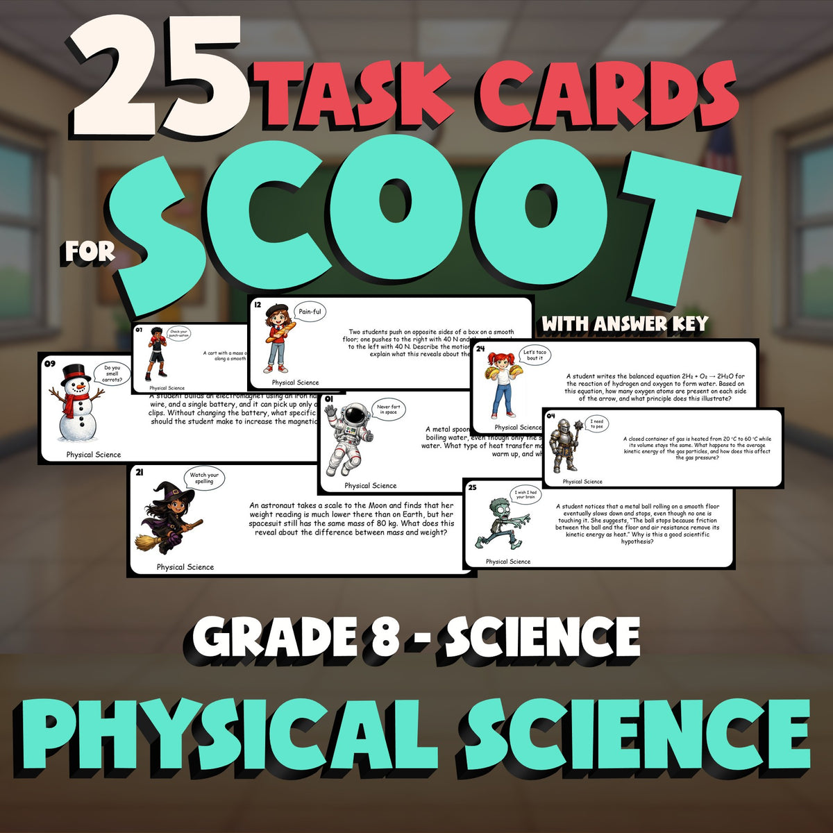 Physical Science SCOOT TASK CARDS Science Game - No Prep Grade 8 Review Activity