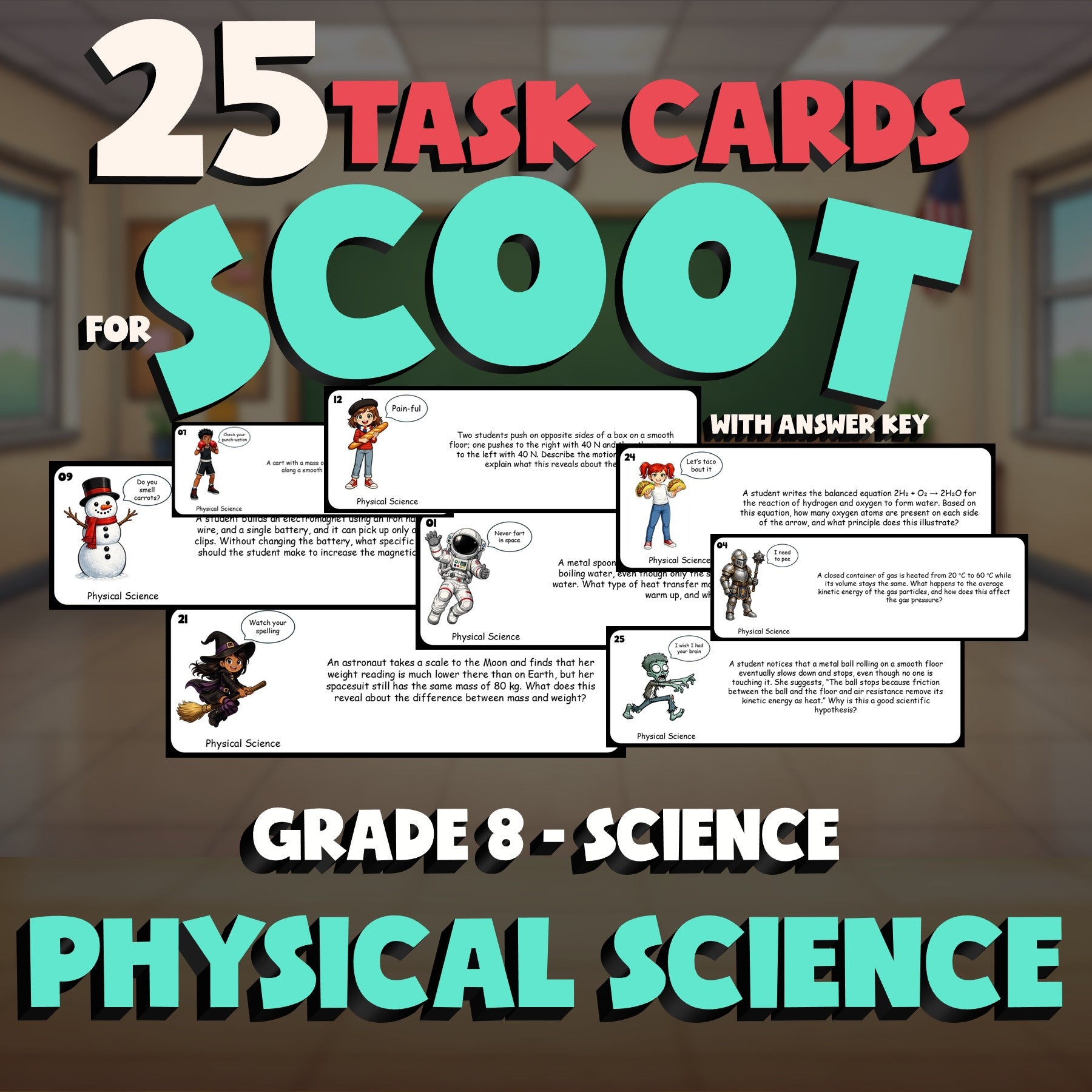 Physical Science SCOOT TASK CARDS Science Game - No Prep Grade 8 Review Activity