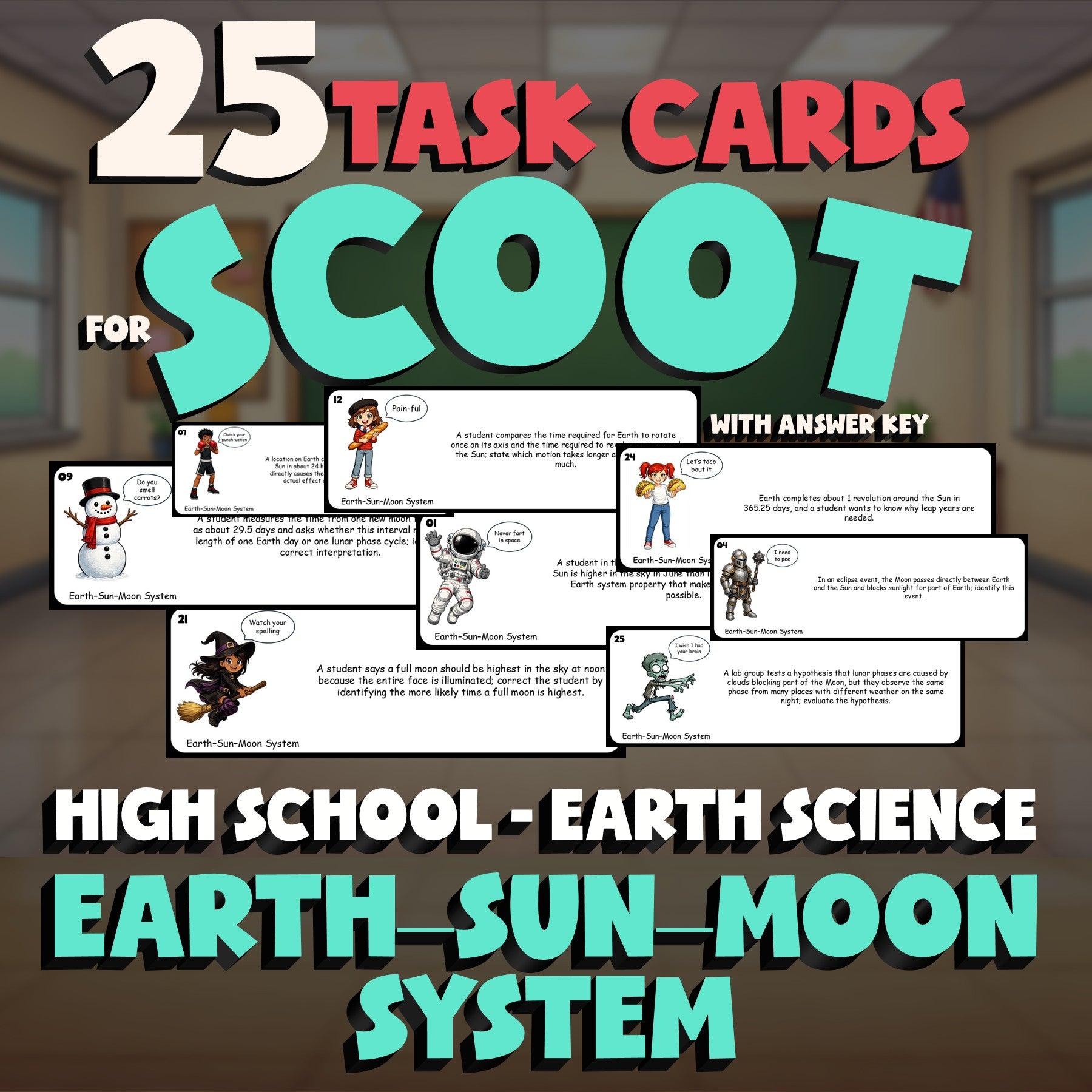 Earth–Sun–Moon System SCOOT TASK CARDS Game - No Prep Earth Science Review