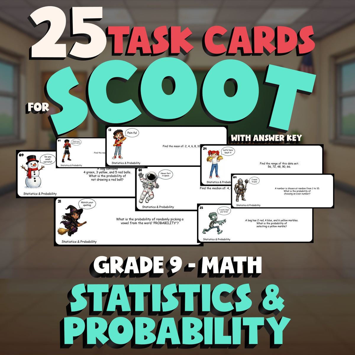 Statistics & Probability SCOOT TASK CARDS Math Game - No Prep Grade 9 Review
